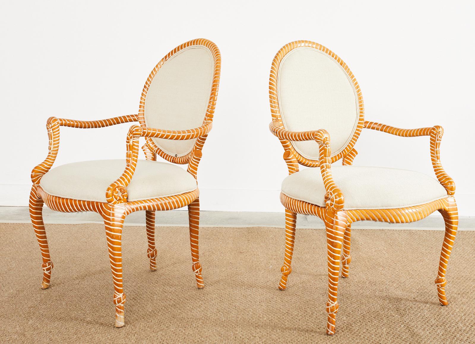 Set aus sechs Esszimmerstühlen aus Keramik im Napoleon-III-Stil aus Seil (Stoff) im Angebot