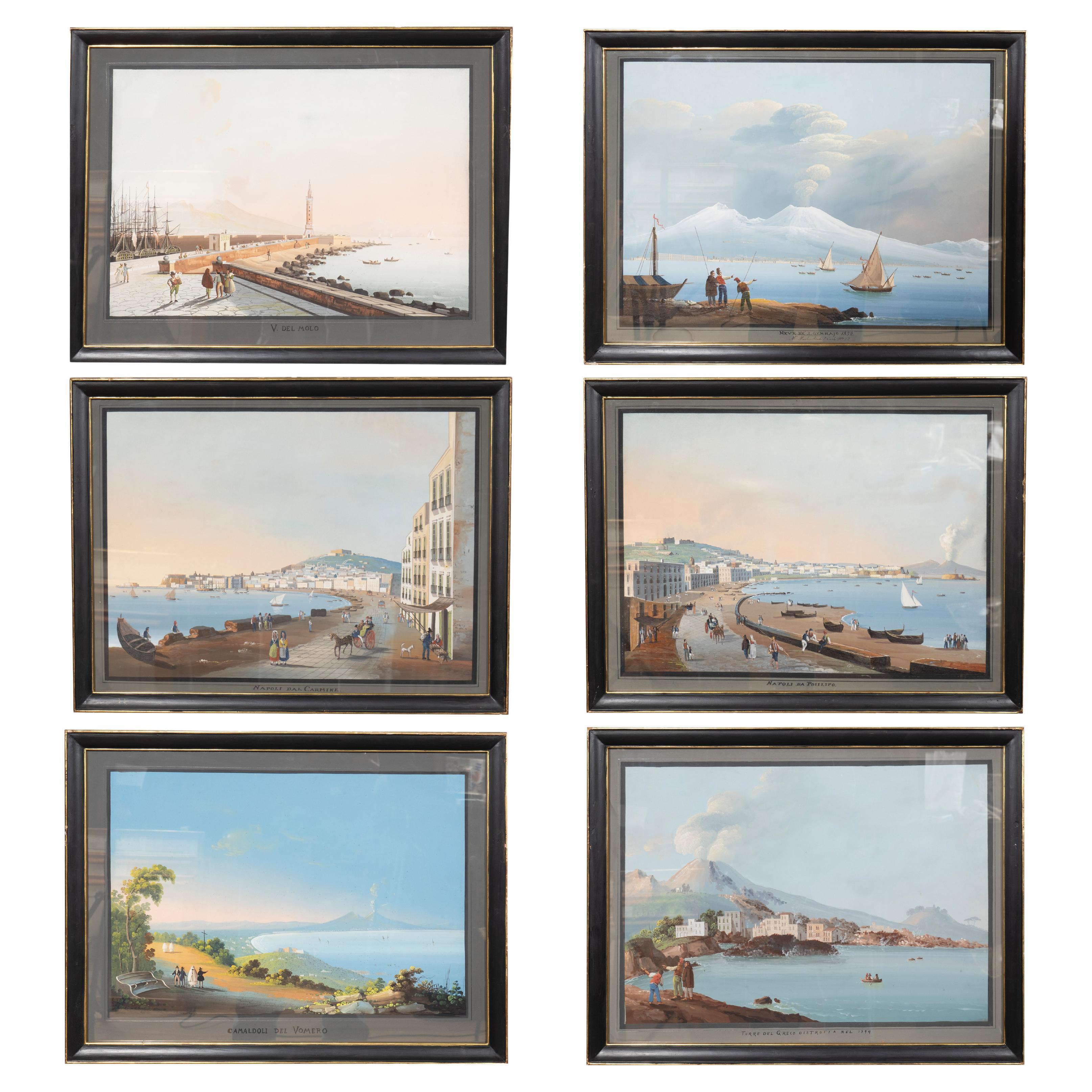 Ensemble de six gouaches napolitaines encadrées représentant le Vésuve en vente