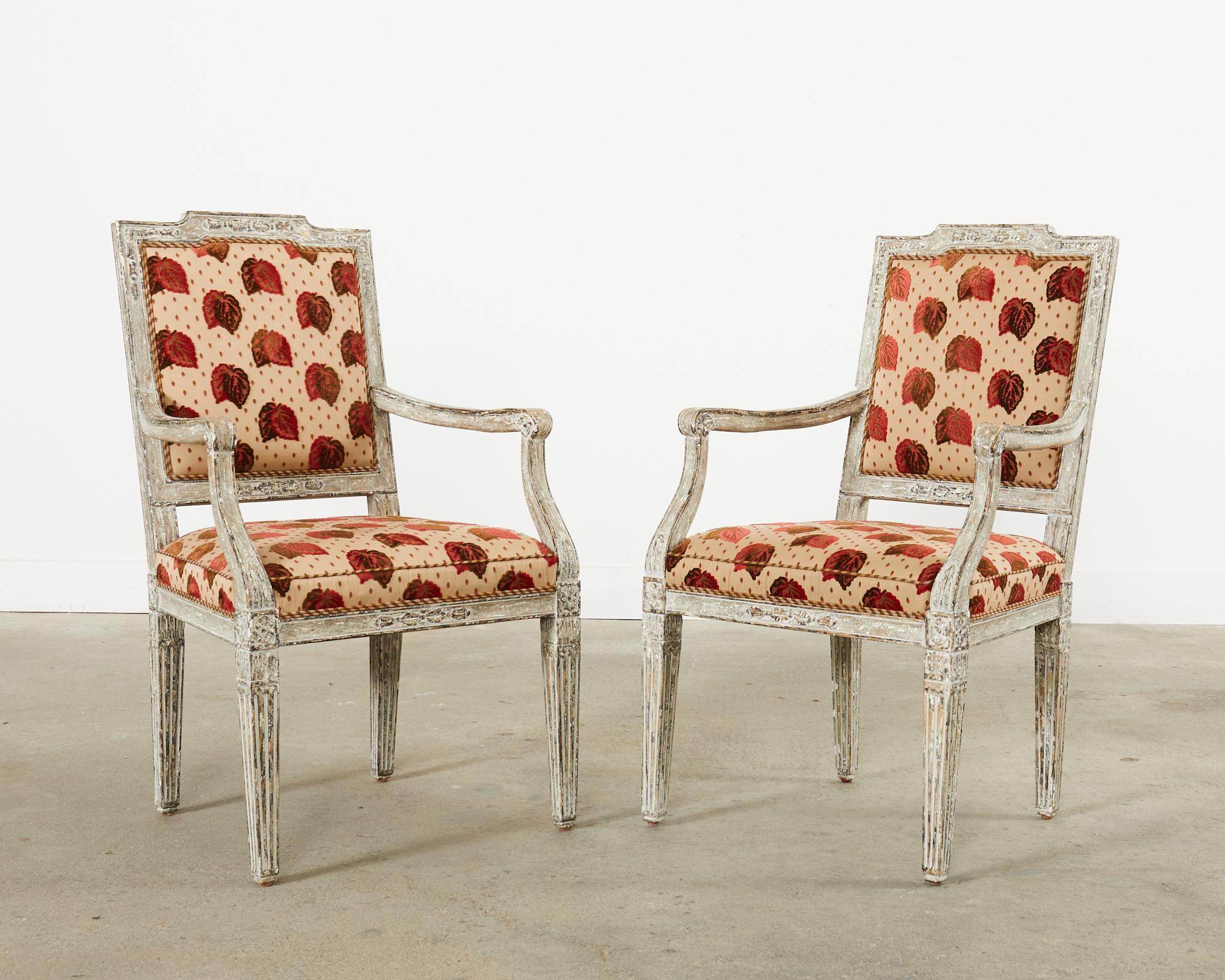 Contemporary Set of Six Neoclassical Louis XVI Style Distressed Dining Armchairs