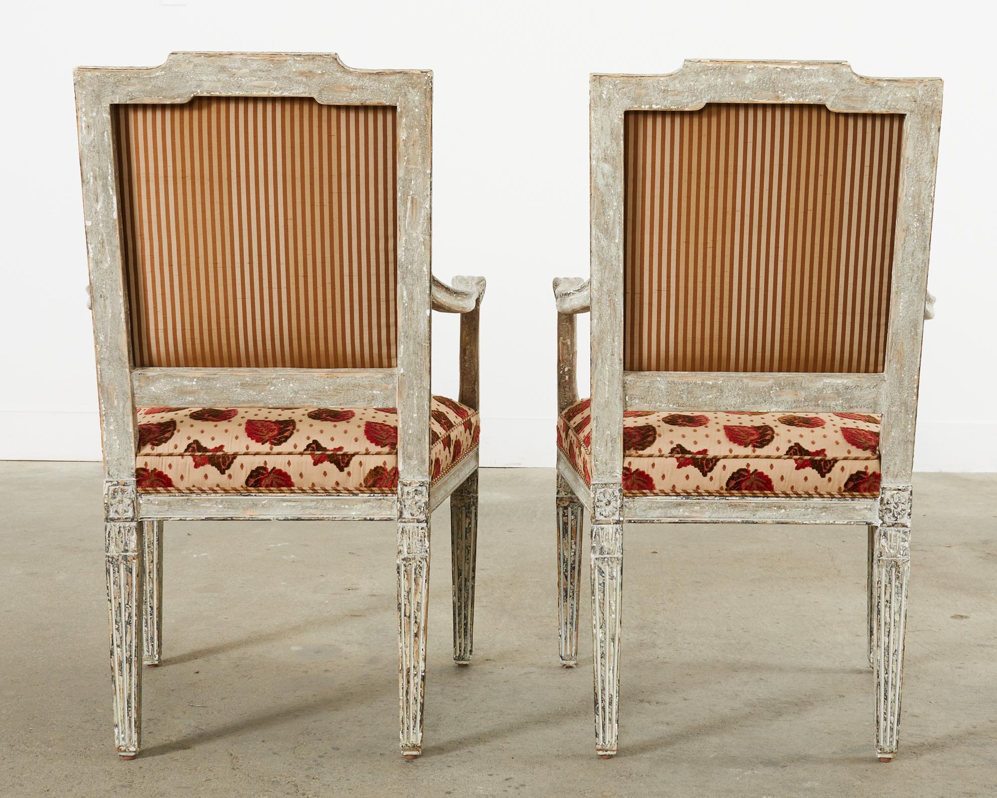 Set of Six Neoclassical Louis XVI Style Distressed Dining Armchairs 2
