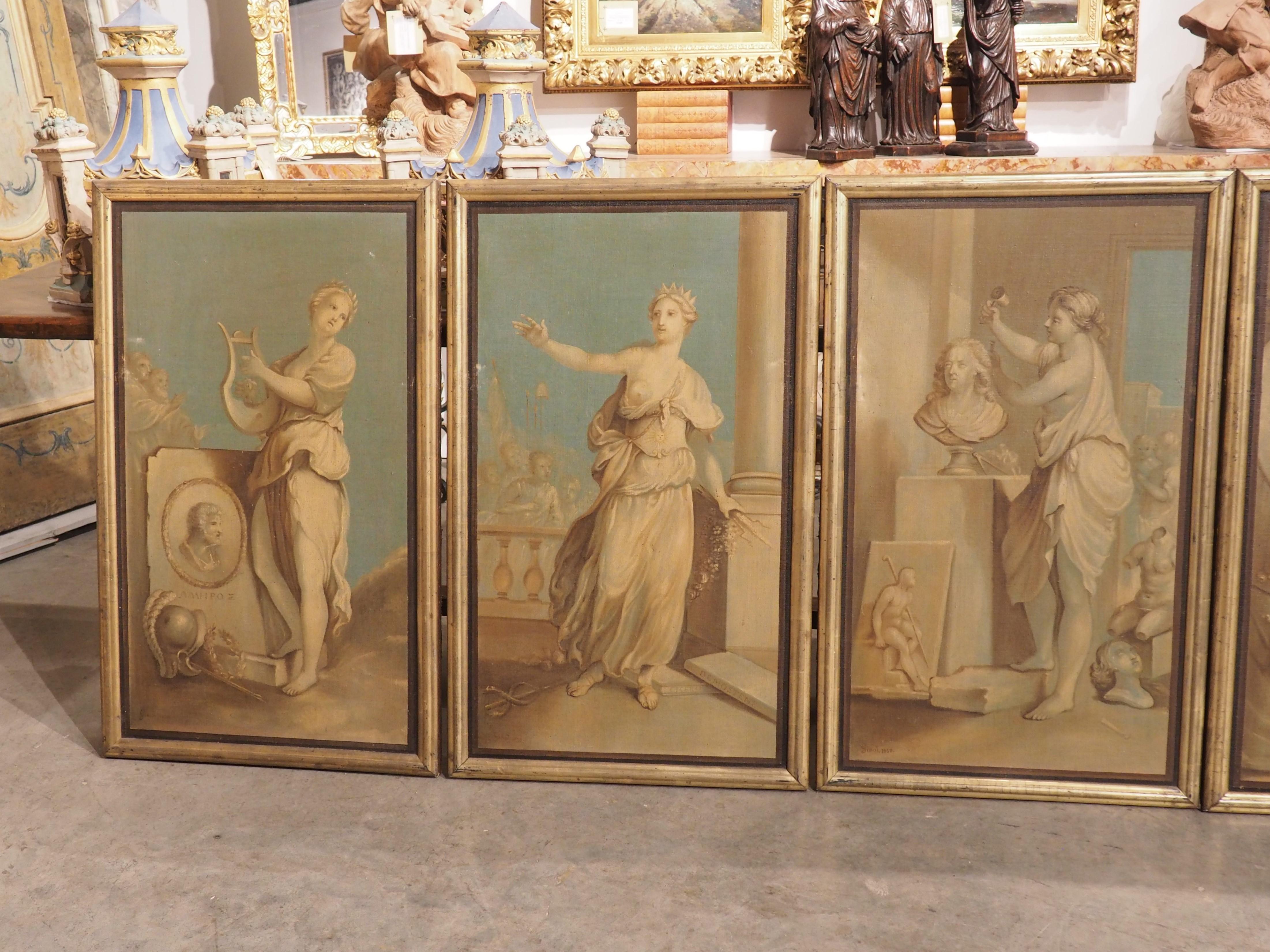 Painted in the Neoclassical style, this remarkable set of six oil on canvas paintings offers a captivating allegorical portrayal of the Muses from Greek mythology, each signed and dated “Simat 1830”.  Each painting measures 41 inches tall by 24 3/4