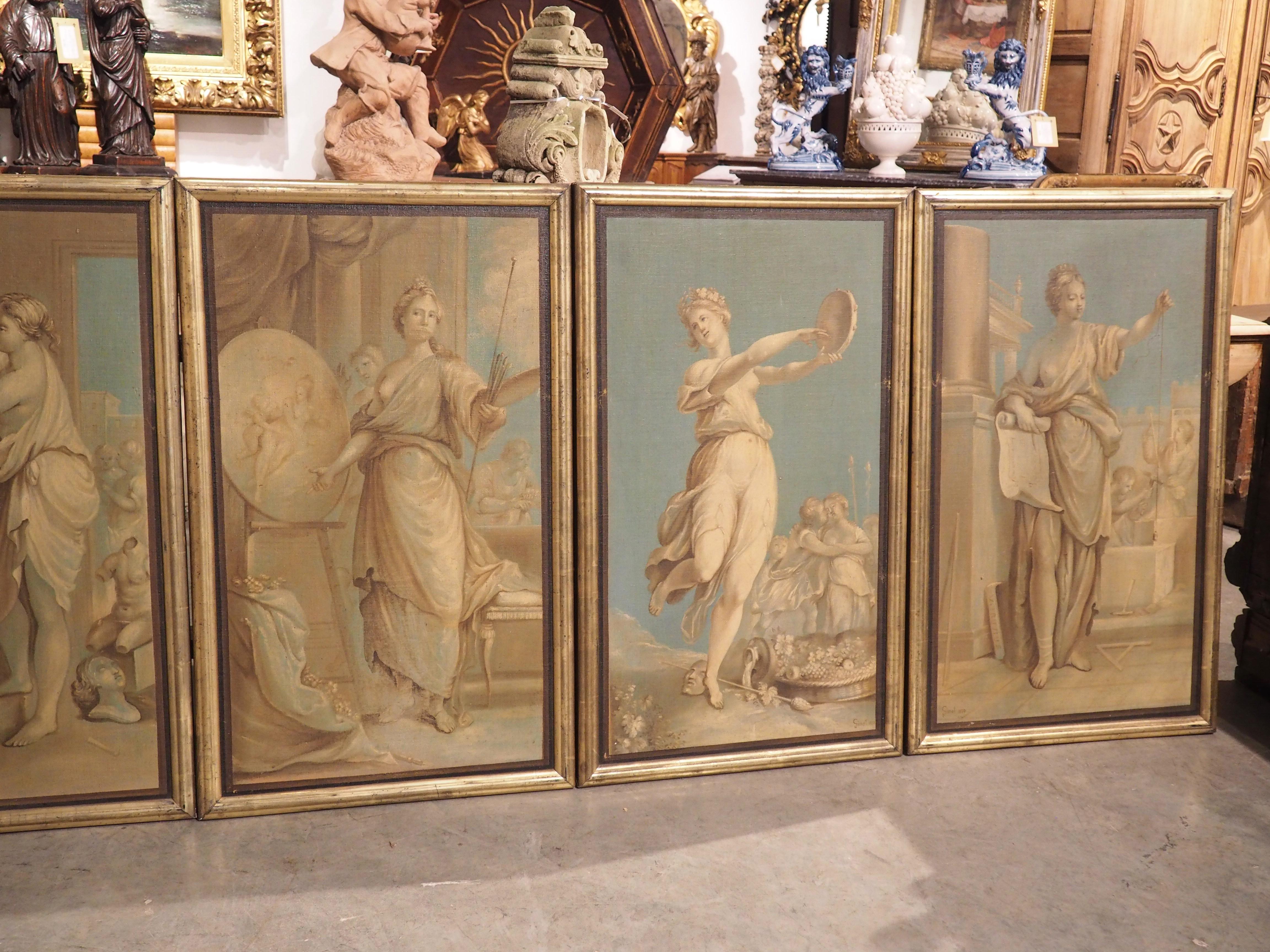 European Set of Six Neoclassical Oil on Canvas Paintings, Dated 1830 For Sale