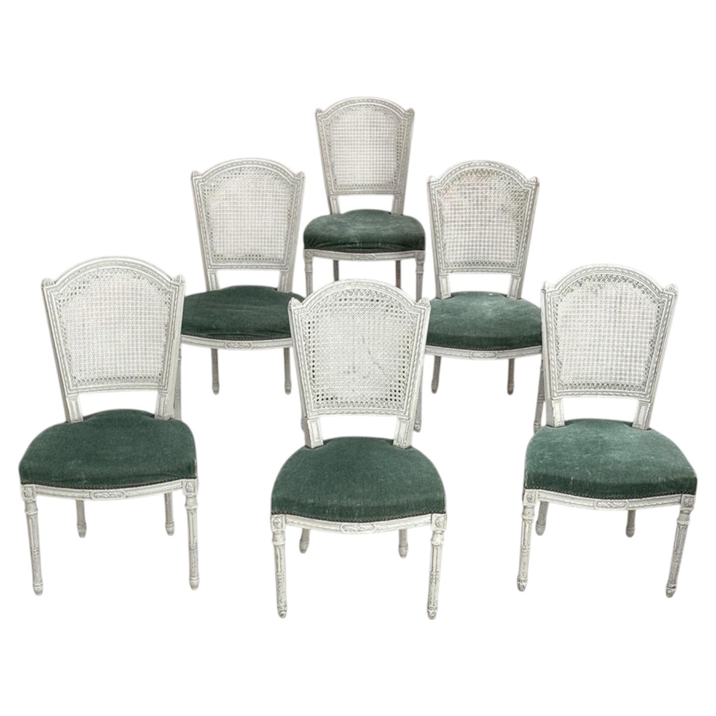 Set of Six Neoclassical Painted Swedish Chairs with Caned Backs & Mohair Seats