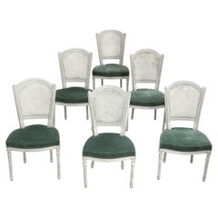 Set of Six Neoclassical Painted Swedish Chairs with Caned Backs & Mohair Seats