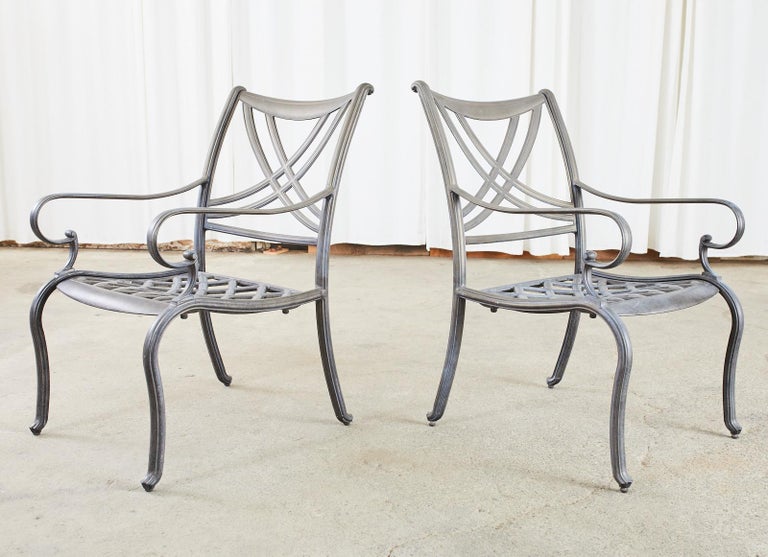Cast Set of Six Neoclassical Style Aluminum Garden Dining Armchairs For Sale