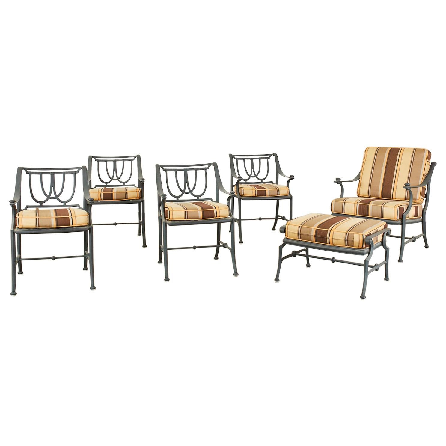 Set of Six Neoclassical Style Garden Armchairs with Ottoman
