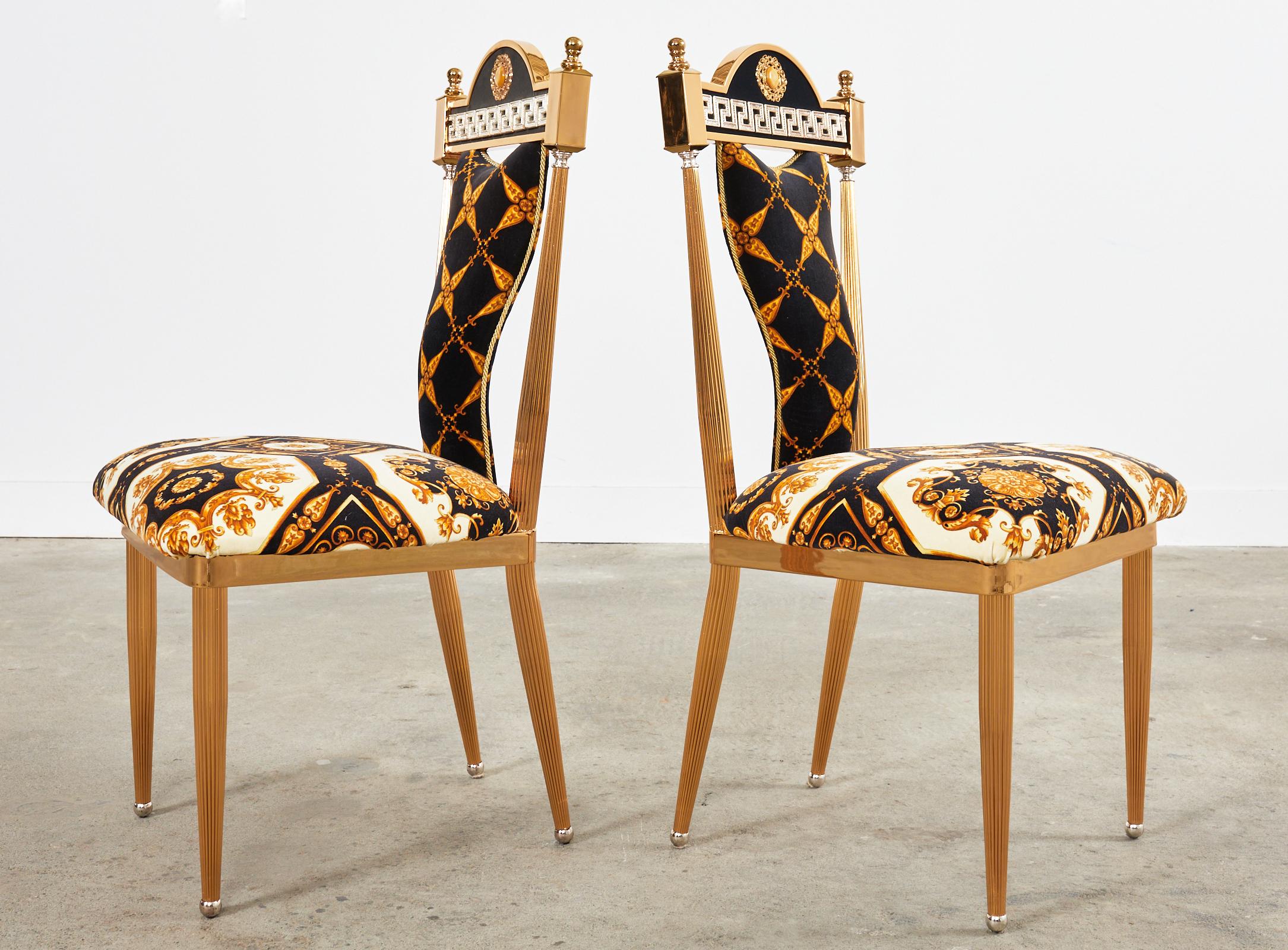 Contemporary Set of Six Neoclassical Style Gilt Dining Chairs After Versace For Sale