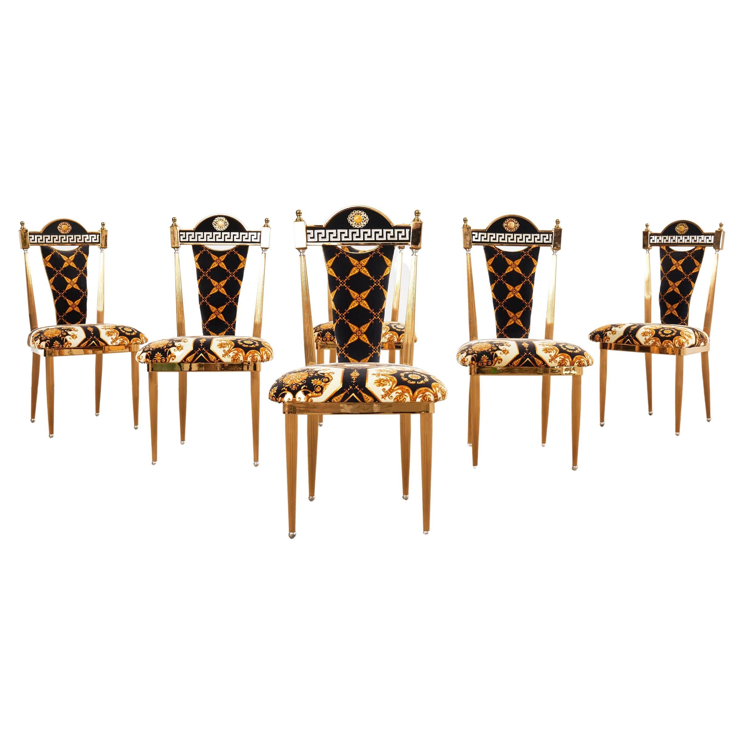 Set of Six Neoclassical Style Gilt Dining Chairs After Versace For Sale