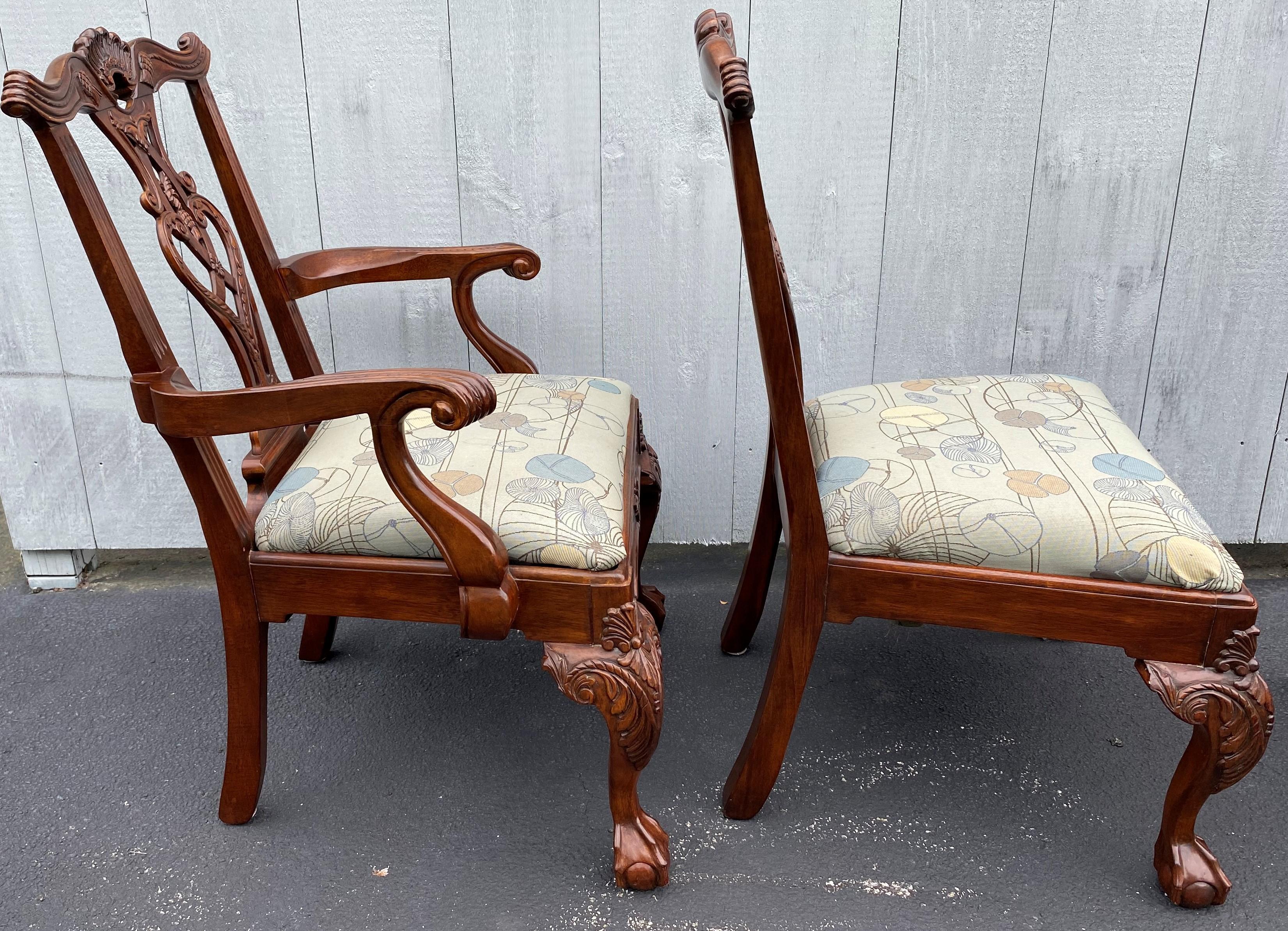 Upholstery Set of Six Nicely Carved Chippendale Style Mahogany Dining Chairs