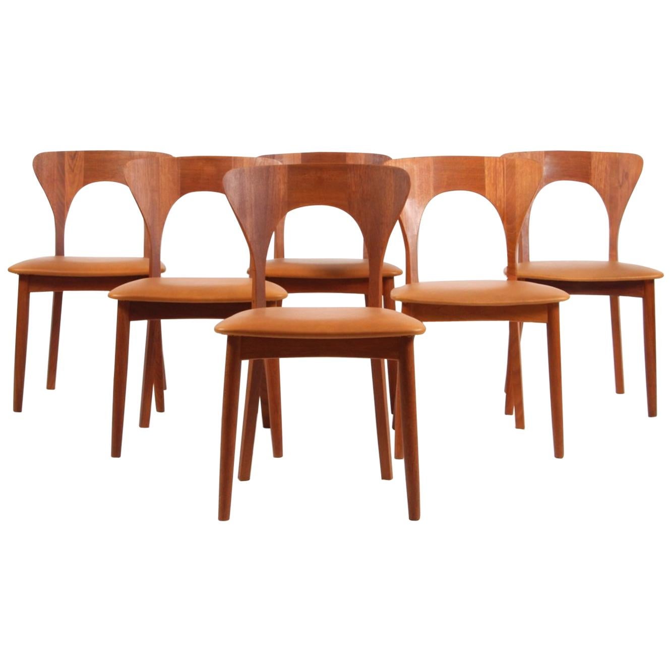 Set of Six Niels Koefoed "Peter" Dining Chairs Teak and Aniline Leather