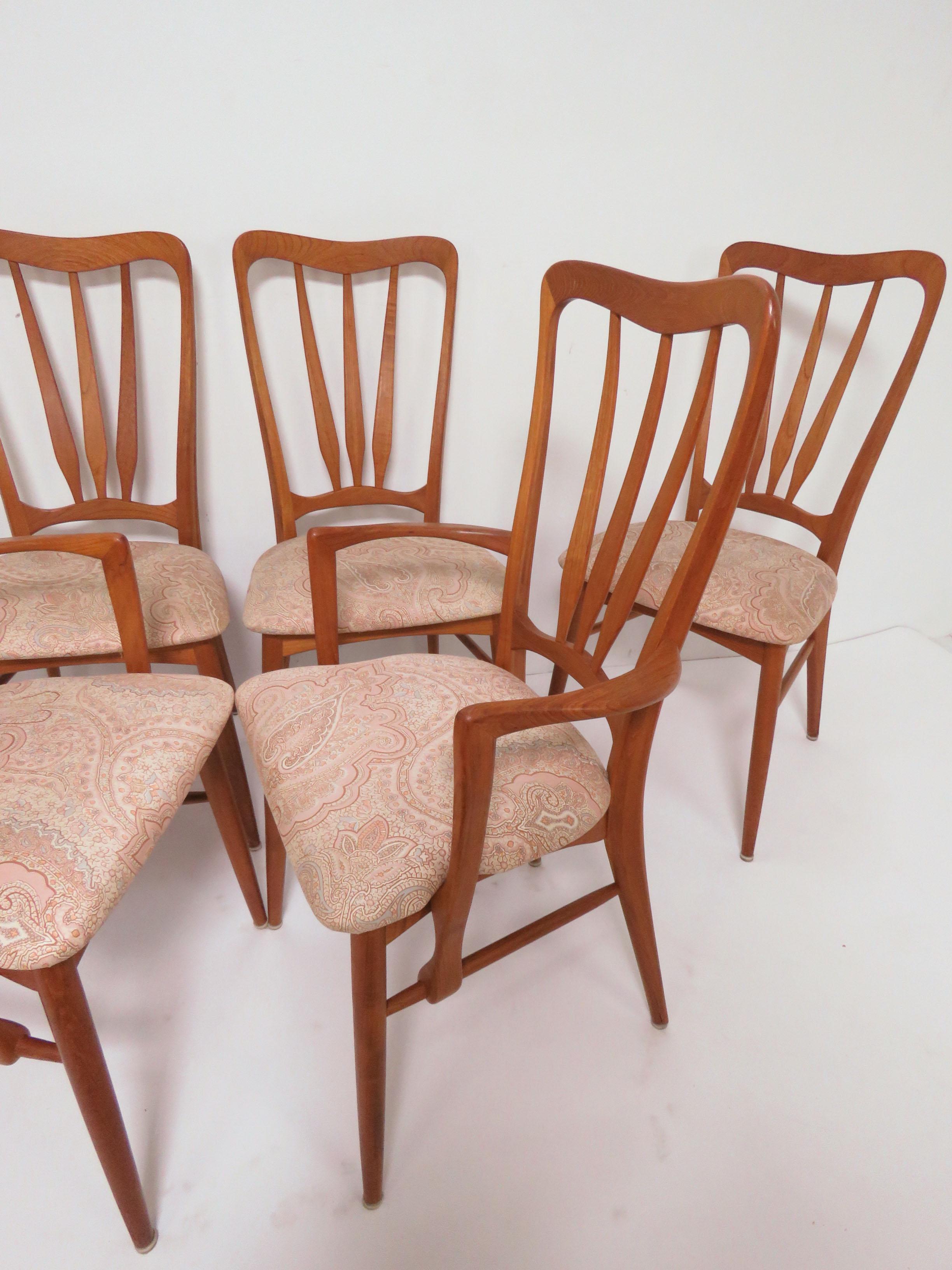 Set of six teak high back dining chairs with gracefully carved fan backs by Niels Koefoed for Koefoeds Hornslet, Denmark, known as the model 