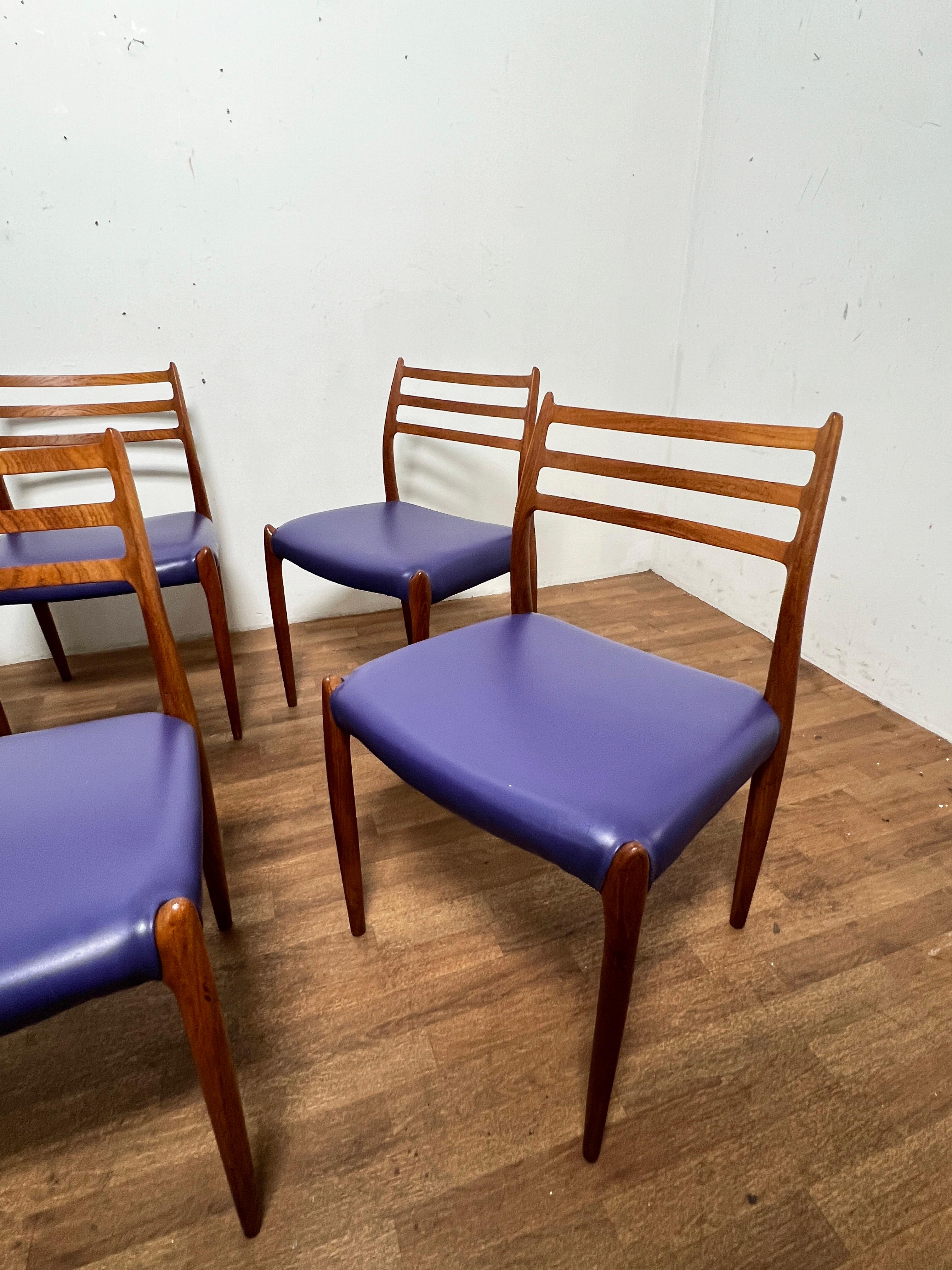 A set of six Model 78 teak dining chairs designed in 1962 by Niels Moller for JL Moller, Denmark.