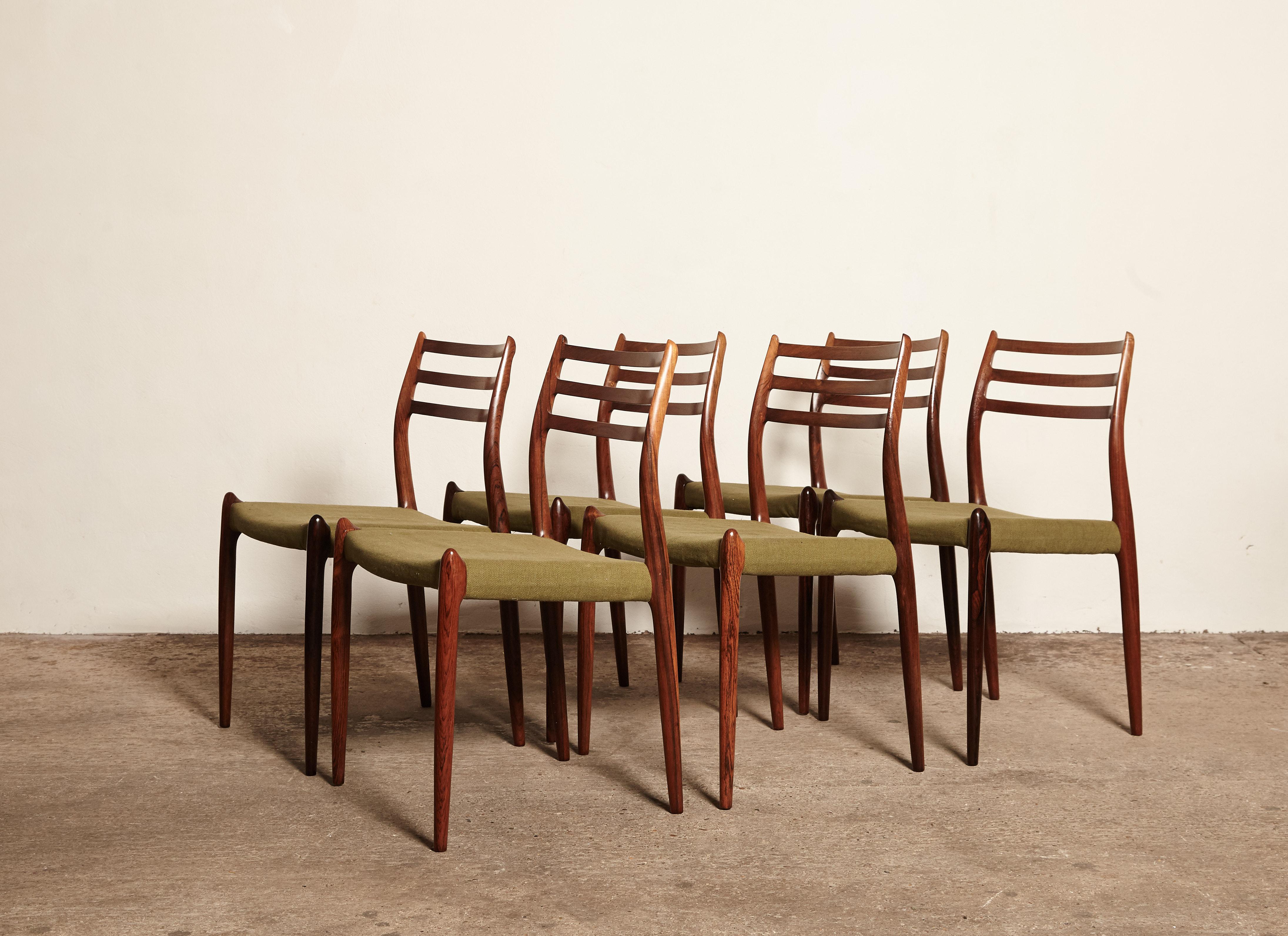 A set of six Niels O Moller model #78 rosewood dining chairs, Denmark, 1960s. Produced by J.L. Moller Mobelfabrik in Denmark and stamped with makers mark. Original green wool fabric seat covers. Very good vintage condition.