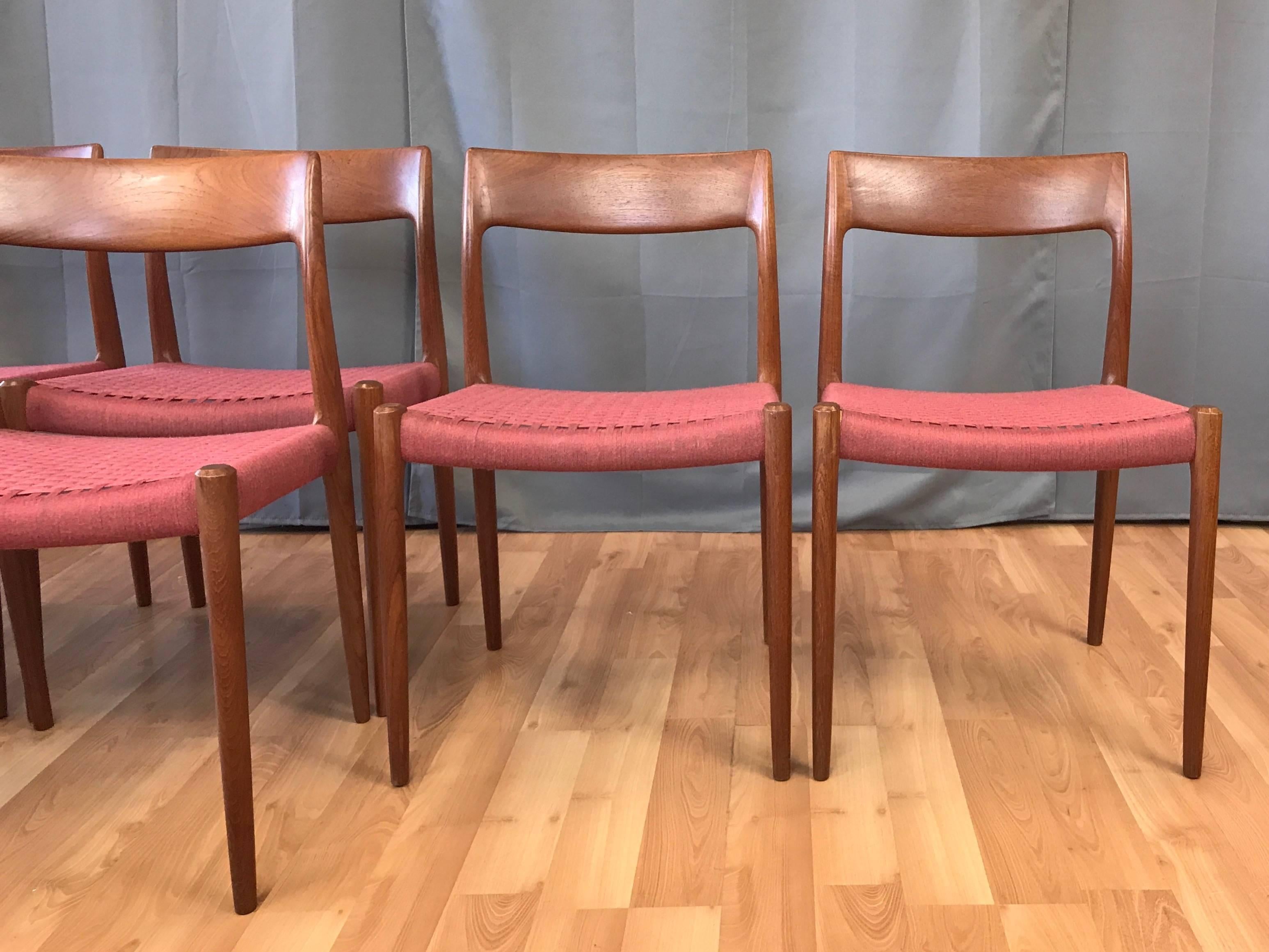 Woven Set of Six Niels Otto Møller for J.L. Møller Model 77 Teak Dining Chairs