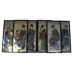 Set of Six "Nihonga", Japanese Panels Painted in Silk, 19th Century