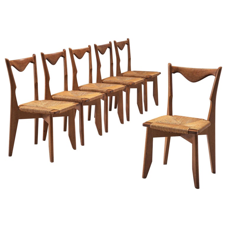 Set of Six Oak and Cord Chairs by Guillerme et Chambron For Sale at 1stDibs