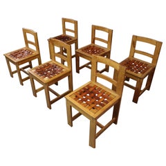 Set of six oak and leather brutalist chairs, 1940
s