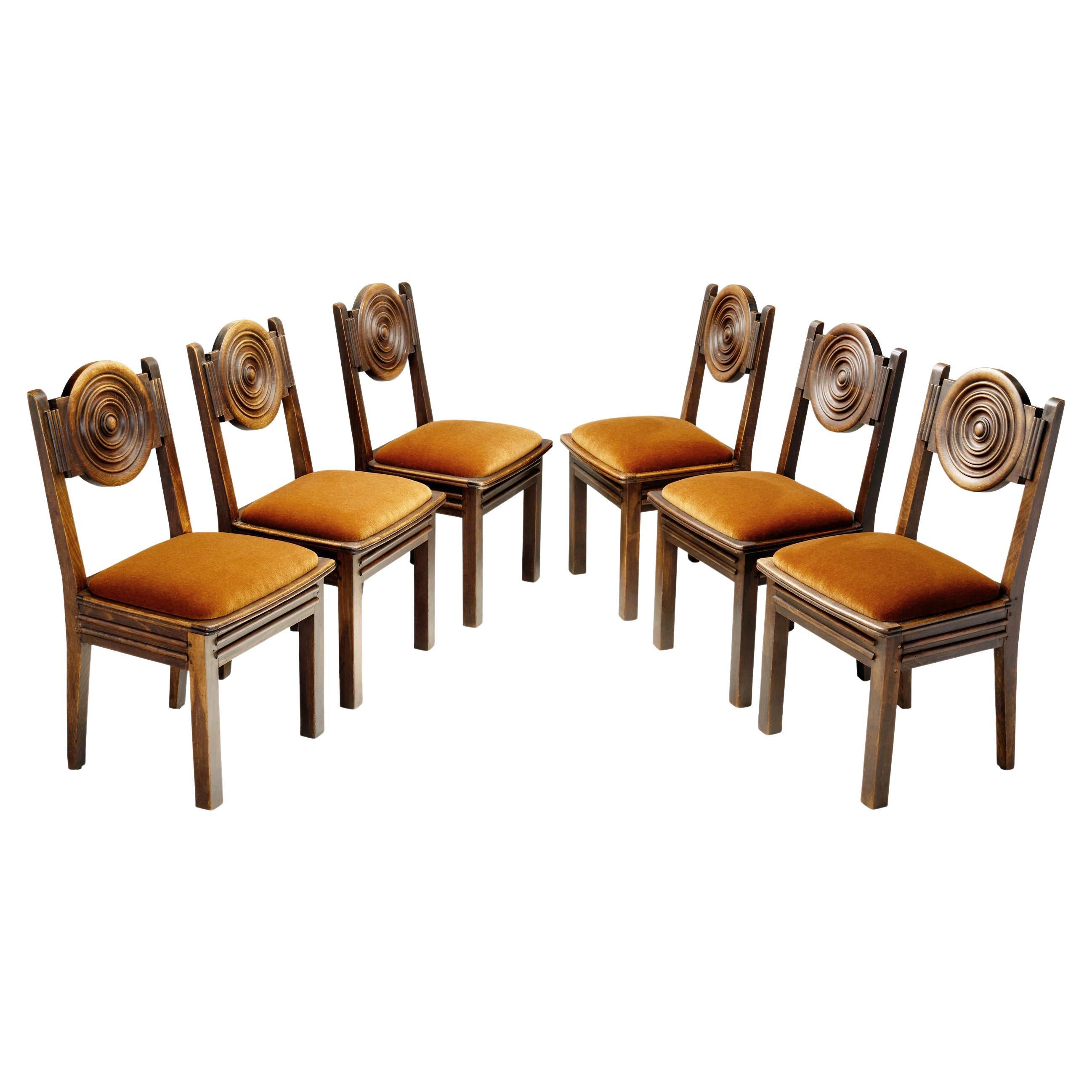 Set di sei sedie da pranzo in Oak e Mohair di Etienne Kohlmann, Francia anni 
30 in vendita