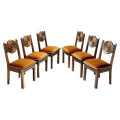Set of Six Oak and Mohair Dining Chairs by Etienne Kohlmann, France 1930s