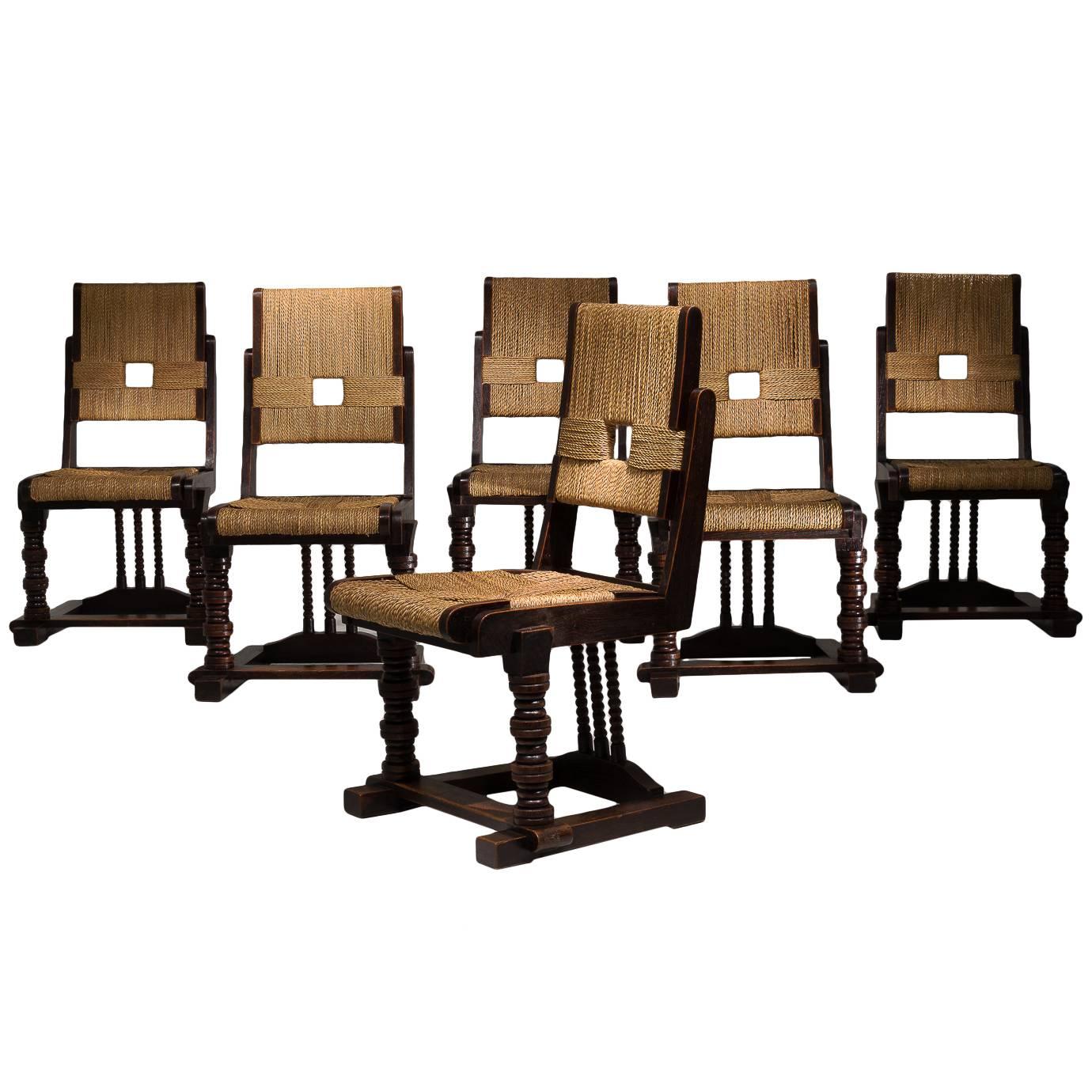 Set of Six Oak and Rush Chairs