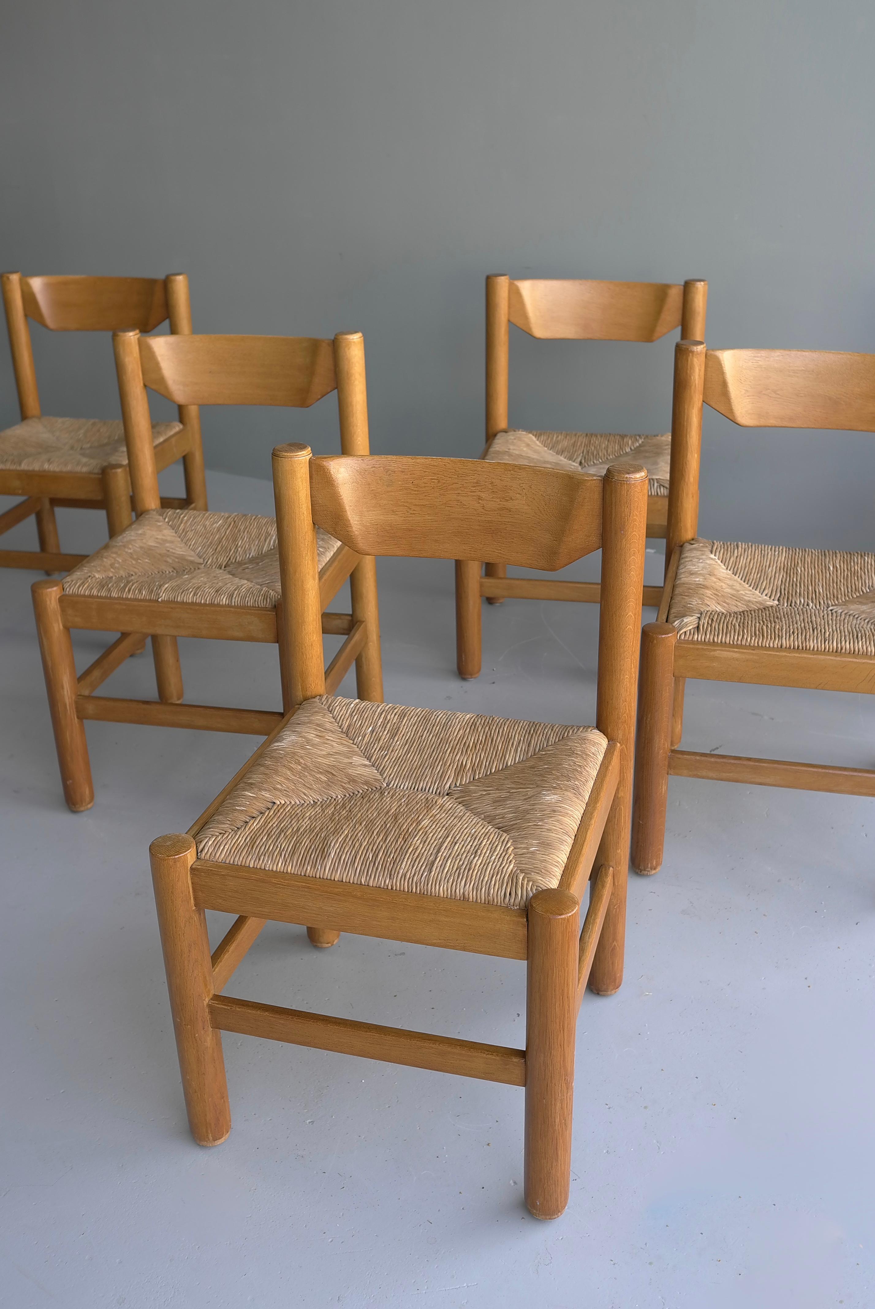 Mid-Century Modern Set of Six Oak and Rush Chairs in Style of Charlotte Perriand, France, 1960