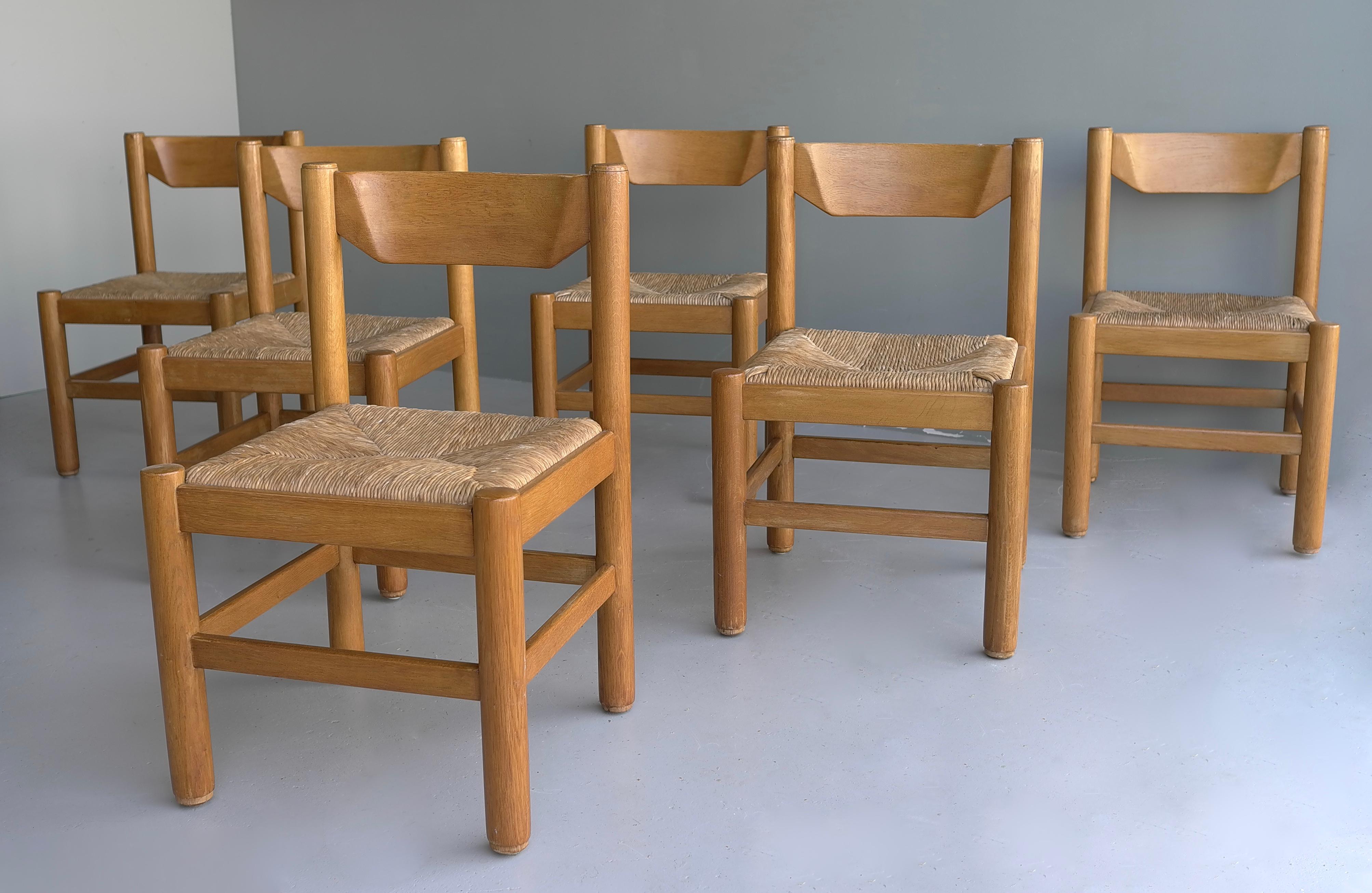 Set of Six Oak and Rush Chairs in Style of Charlotte Perriand, France, 1960 1