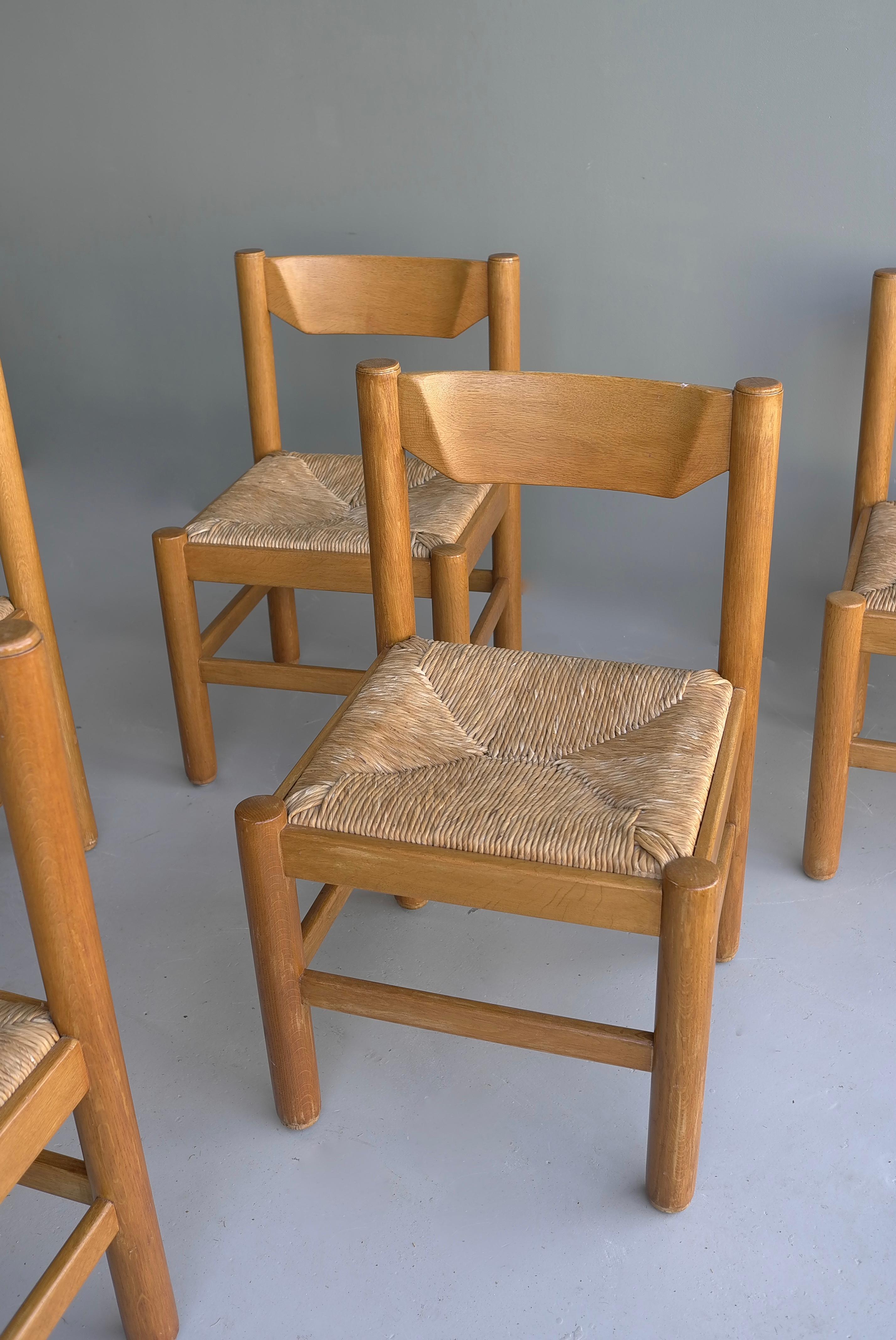 Set of Six Oak and Rush Chairs in Style of Charlotte Perriand, France, 1960 2