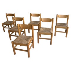 Set of Six Oak and Rush Chairs in Style of Charlotte Perriand, France, 1960