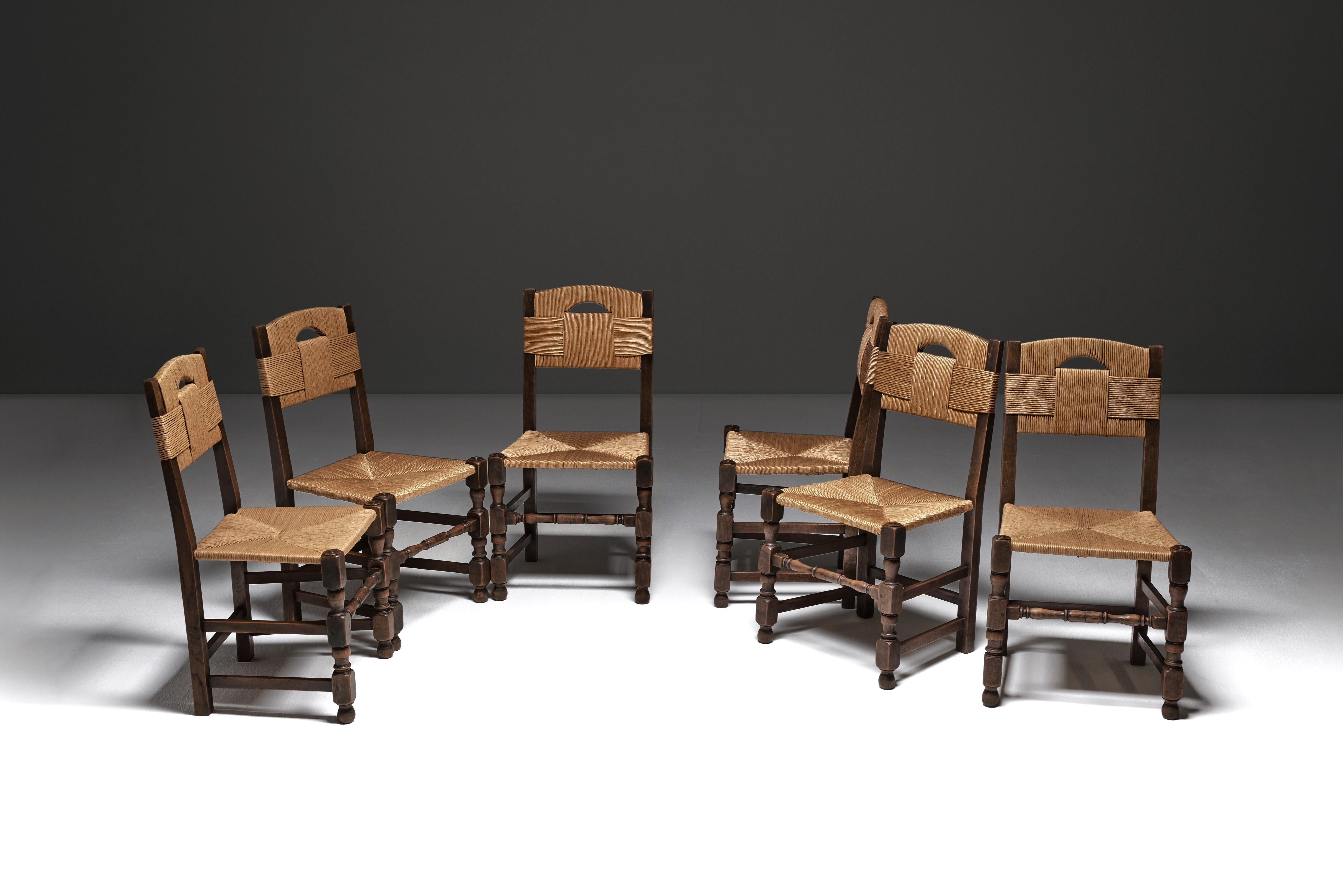 French Set of Six Oak and Rush Chairs with Sculptural Legs, Europe 1940s For Sale