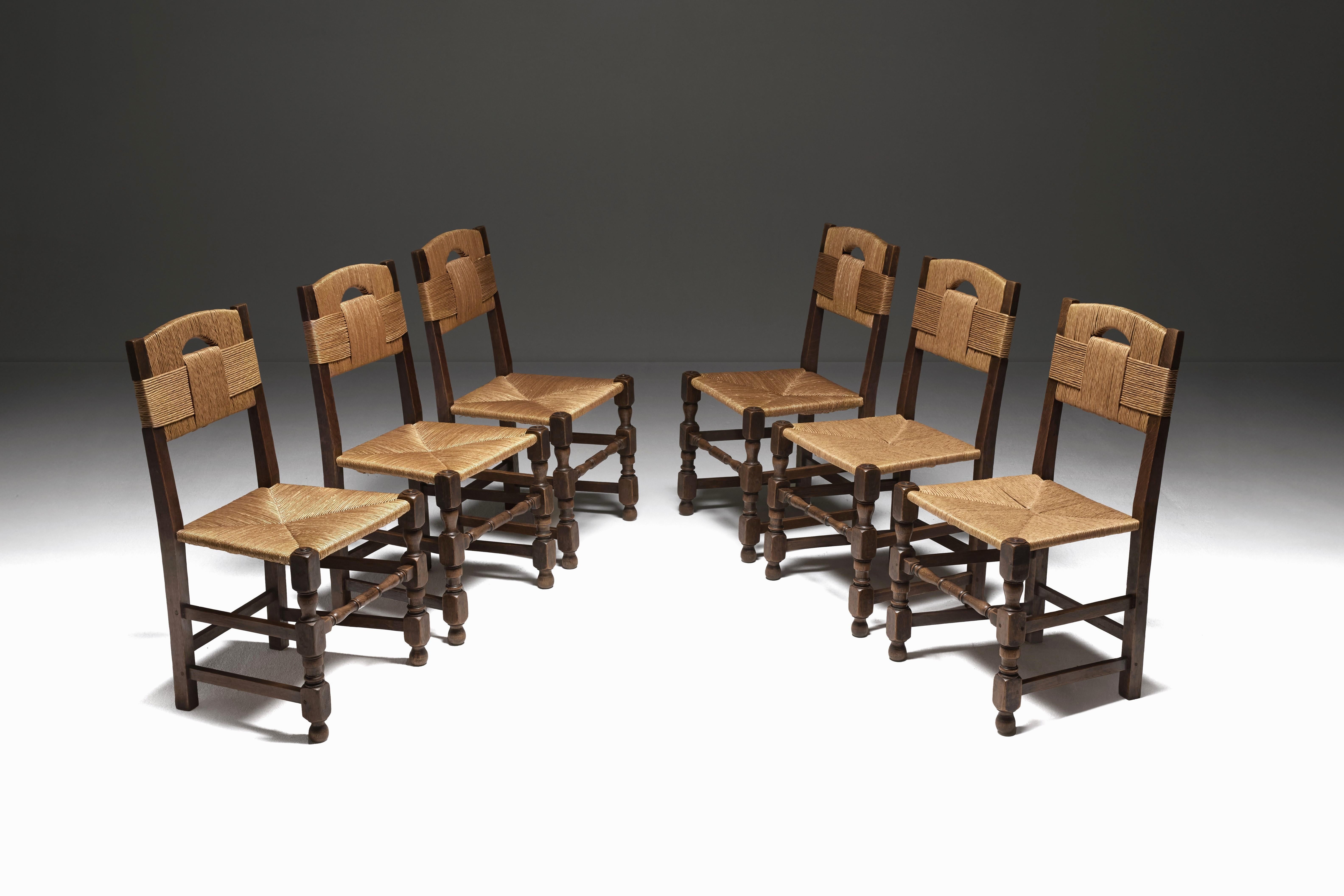 Woodwork Set of Six Oak and Rush Chairs with Sculptural Legs, Europe 1940s For Sale