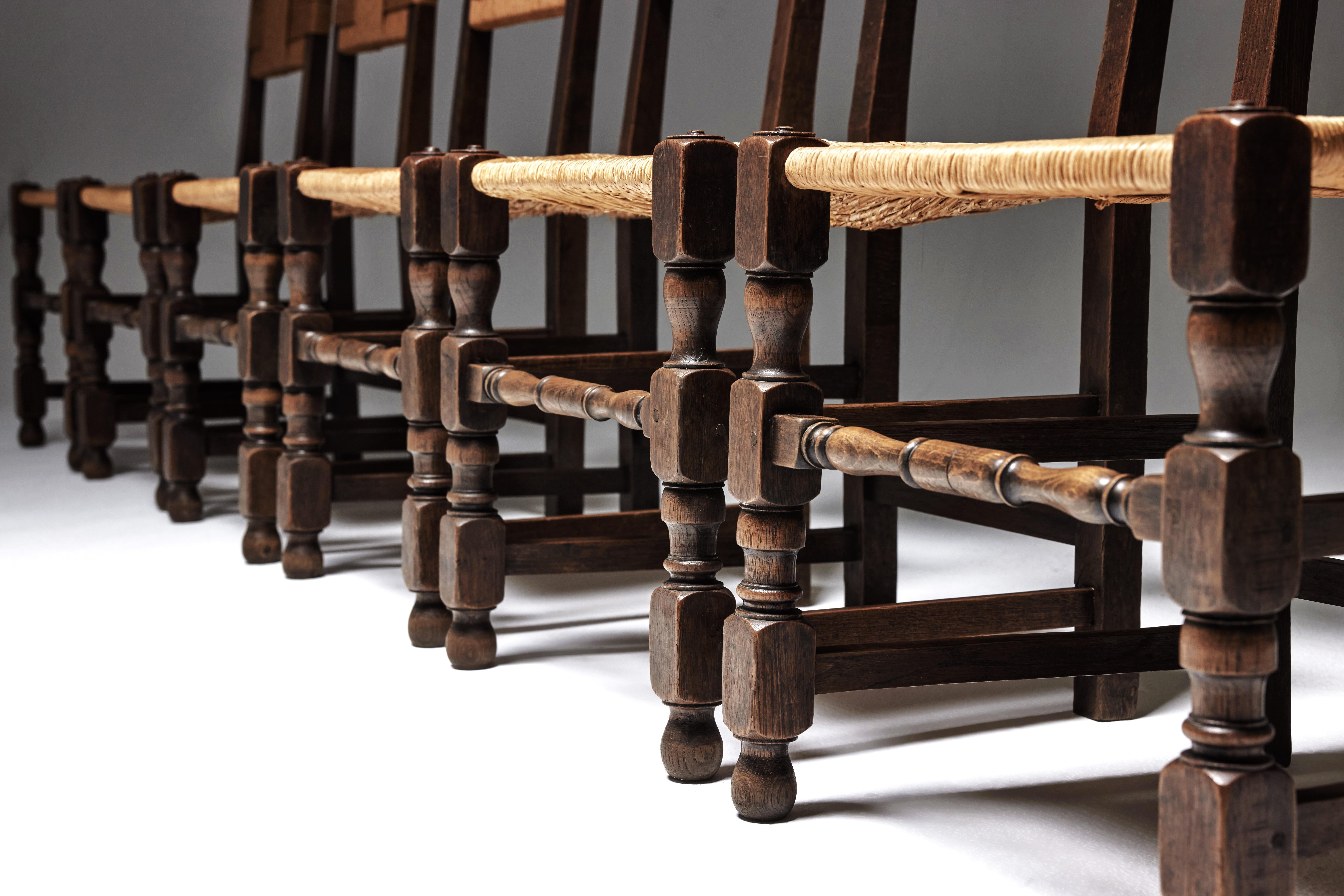 20th Century Set of Six Oak and Rush Chairs with Sculptural Legs, Europe 1940s For Sale
