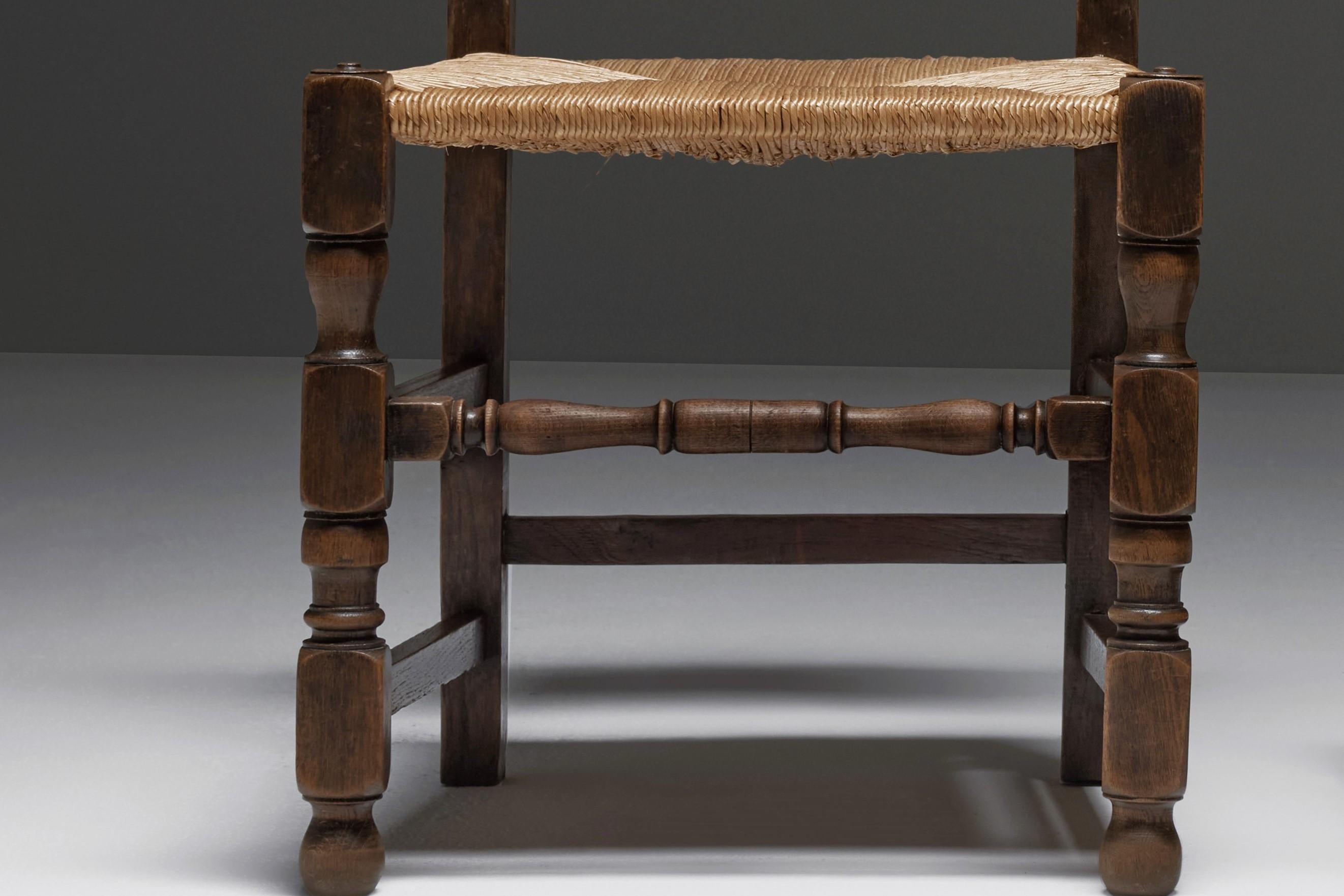 Set of Six Oak and Rush Chairs with Sculptural Legs, Europe 1940s For Sale 1