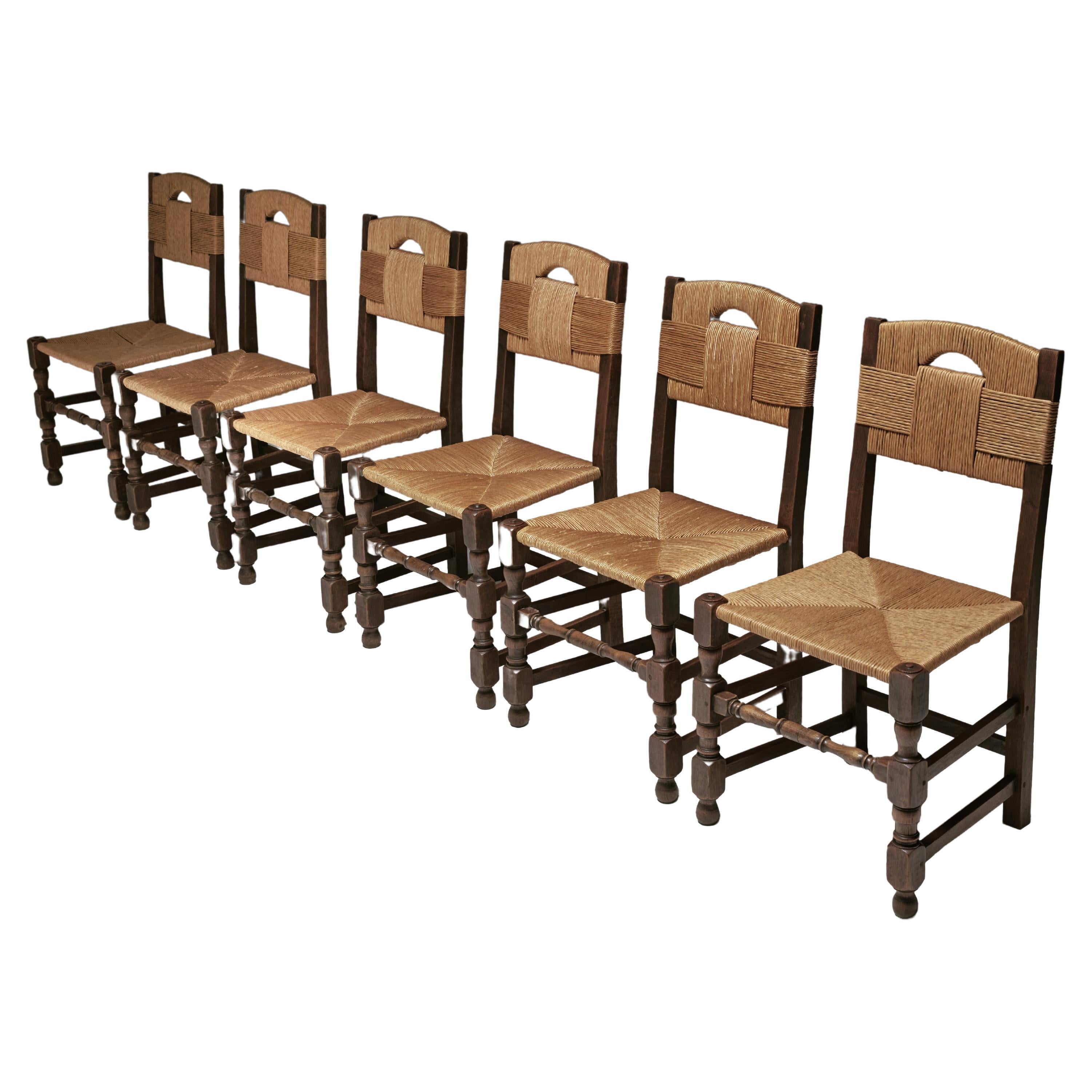 Set of Six Oak and Rush Chairs with Sculptural Legs, Europe 1940s
