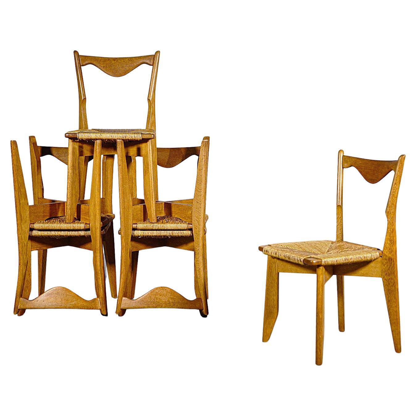 Set of Six Oak and Rush "Thibault" Chairs by Guillerme & Chambron France 1960's