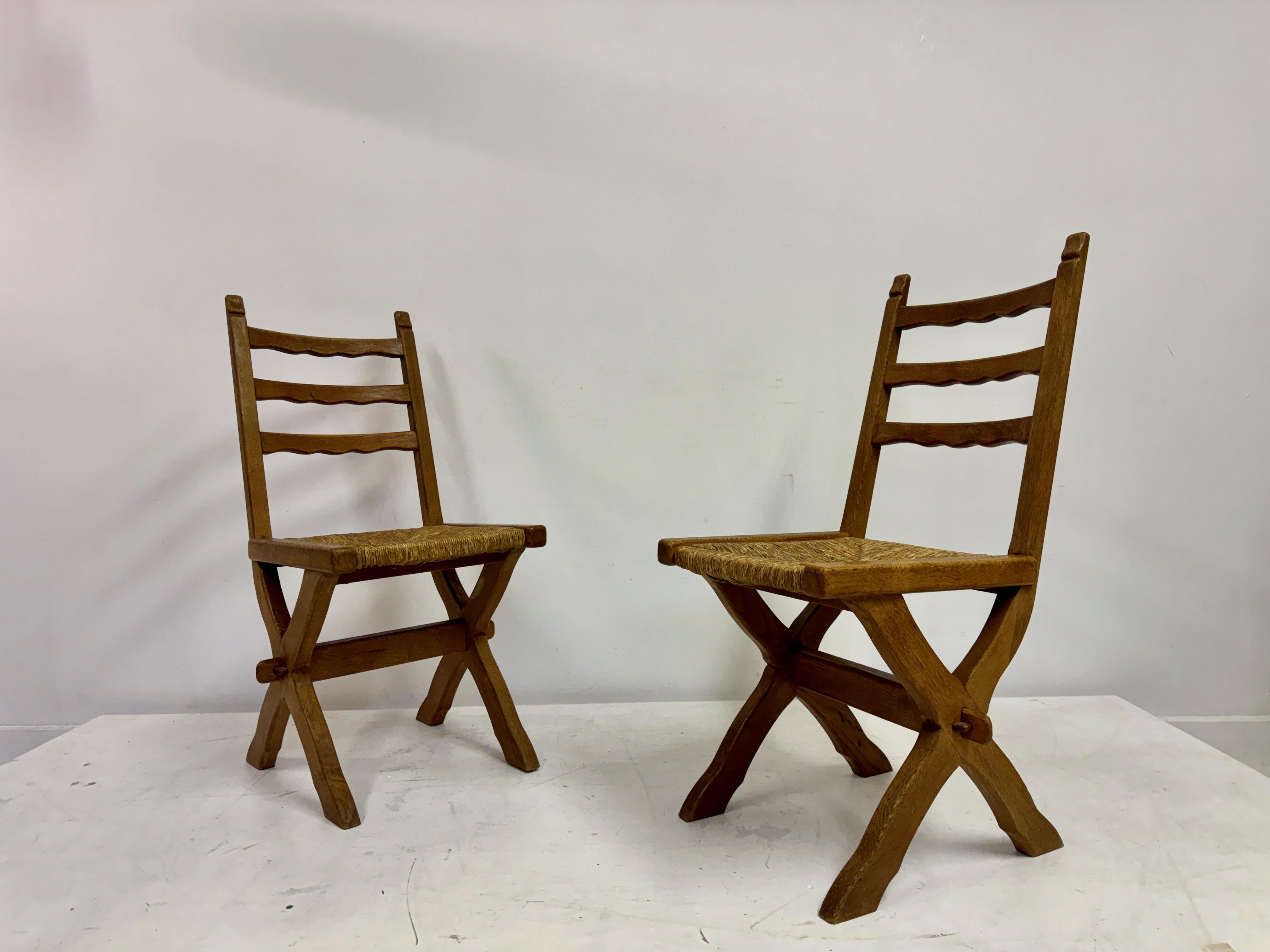 Set of Six Oak and Rush X Legged Dining Chairs For Sale 5