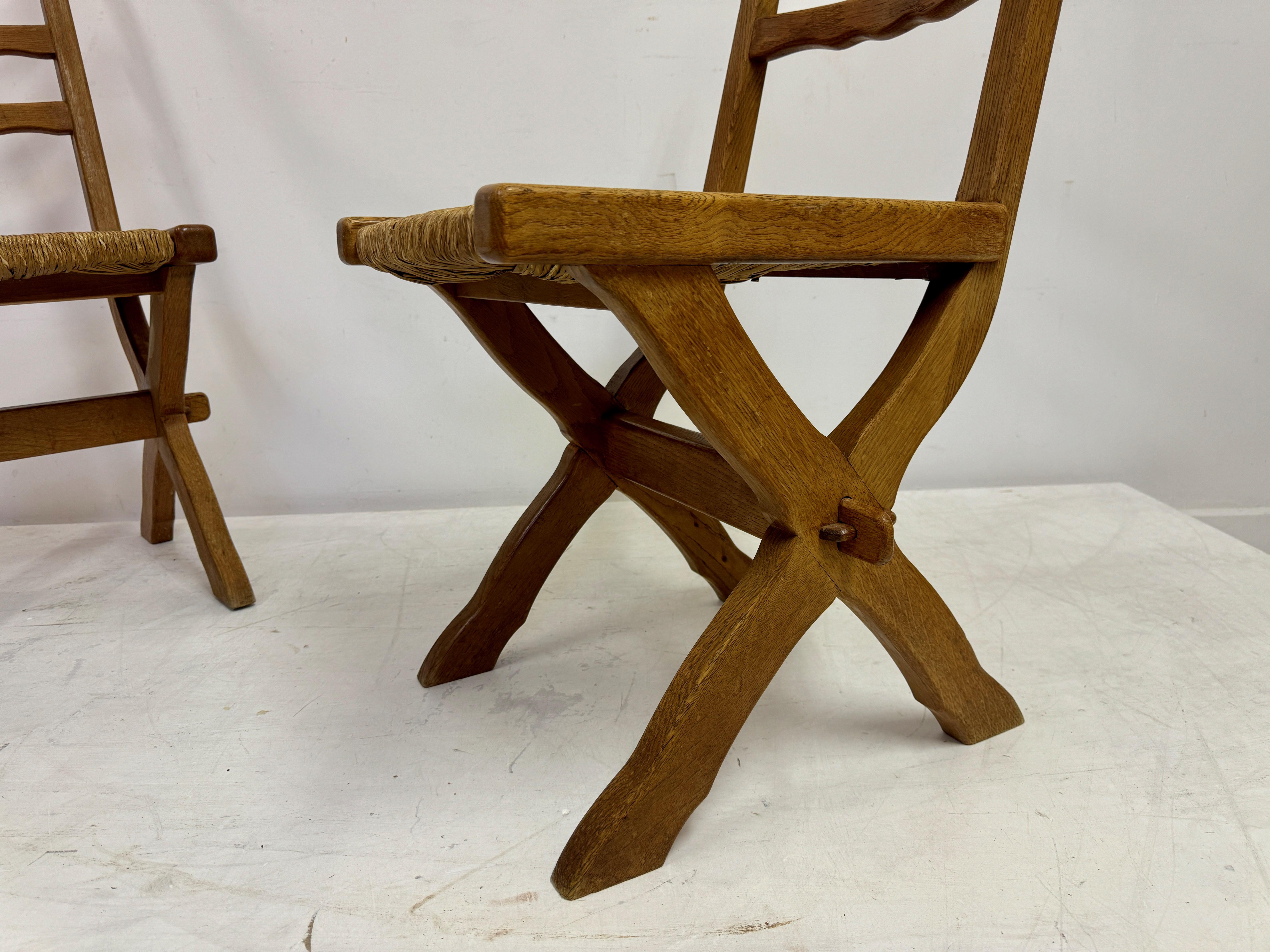 Set of Six Oak and Rush X Legged Dining Chairs For Sale 6