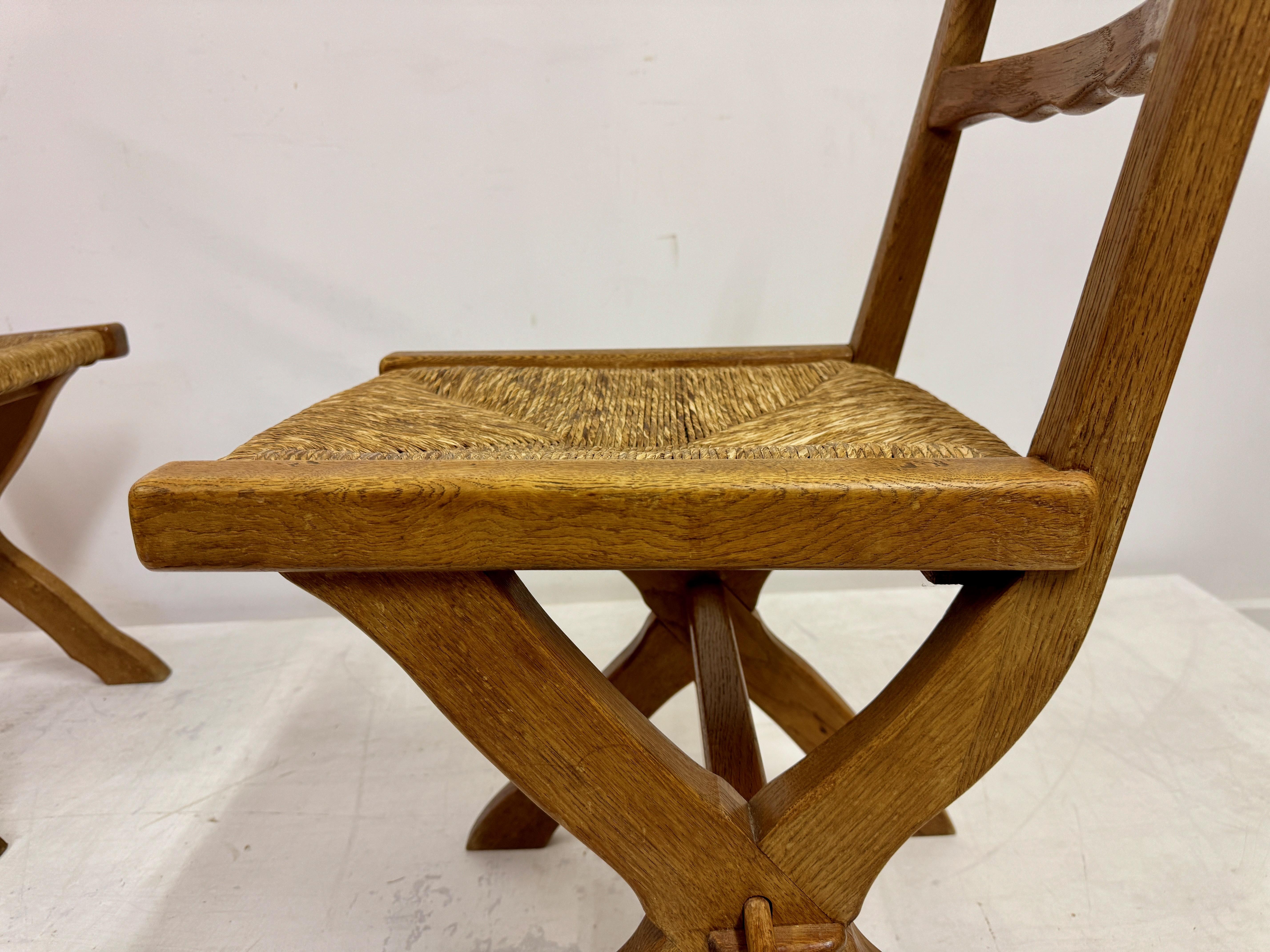 Set of Six Oak and Rush X Legged Dining Chairs For Sale 9