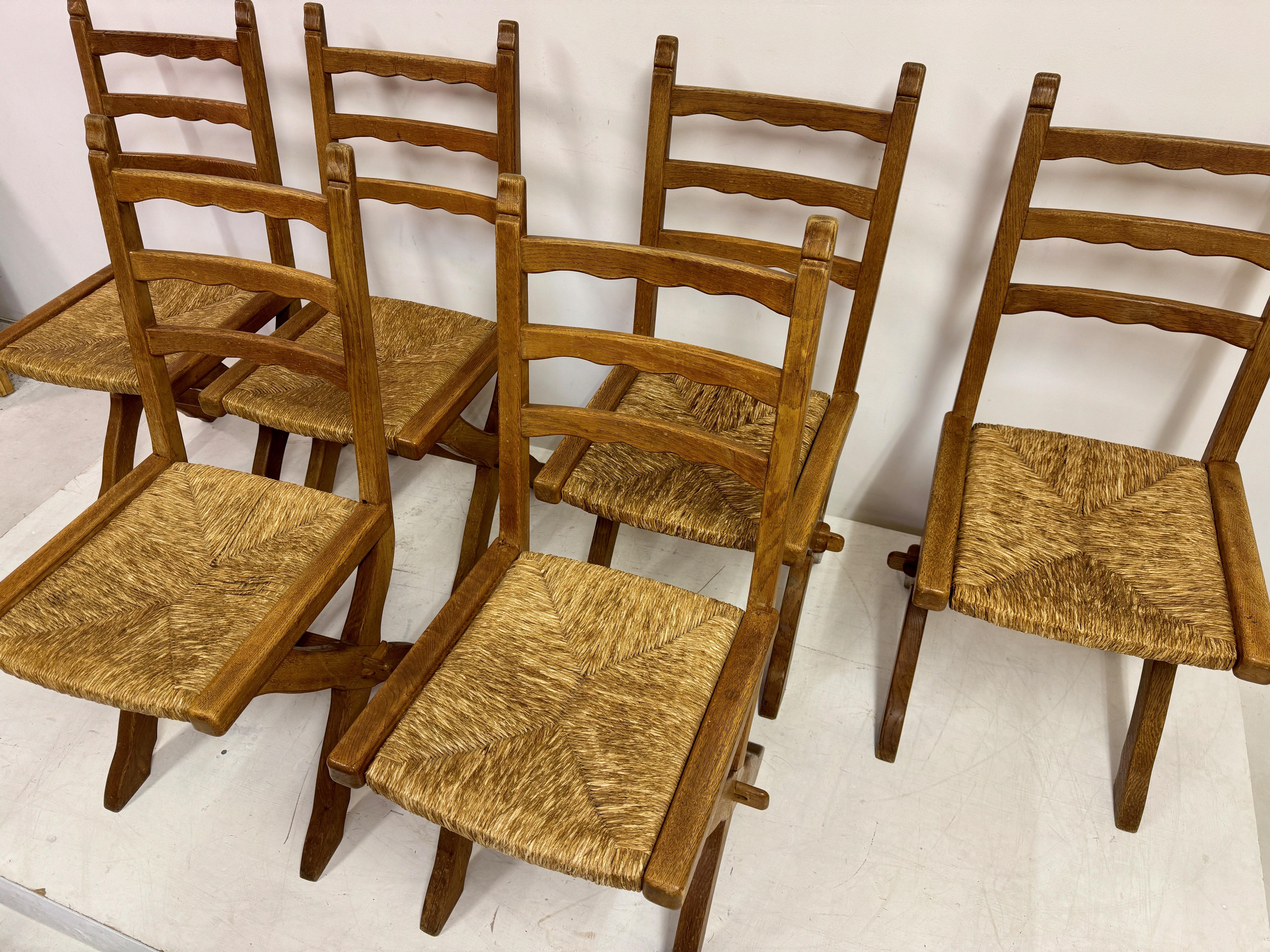 Belgian Set of Six Oak and Rush X Legged Dining Chairs For Sale