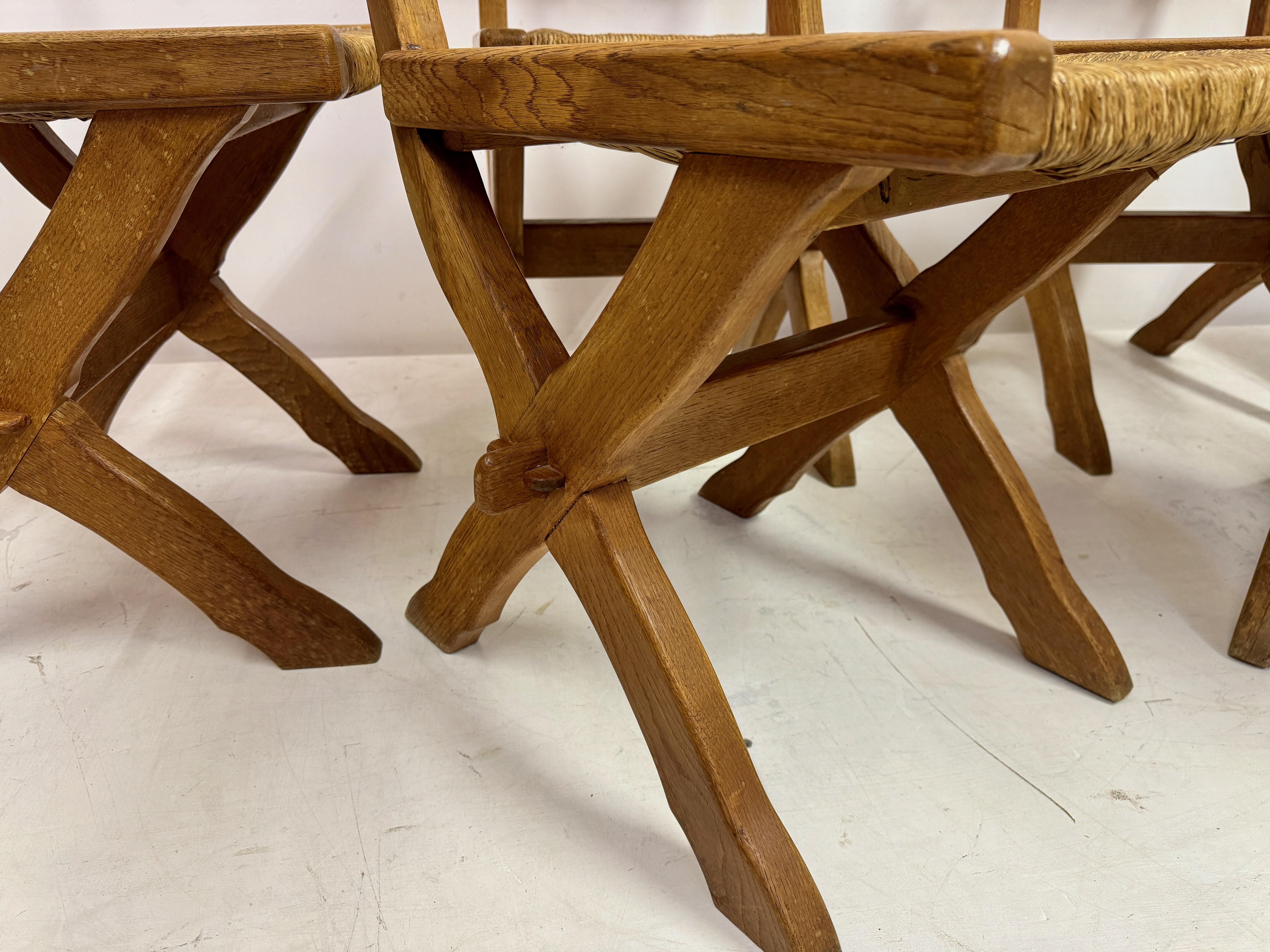 Set of Six Oak and Rush X Legged Dining Chairs For Sale 2
