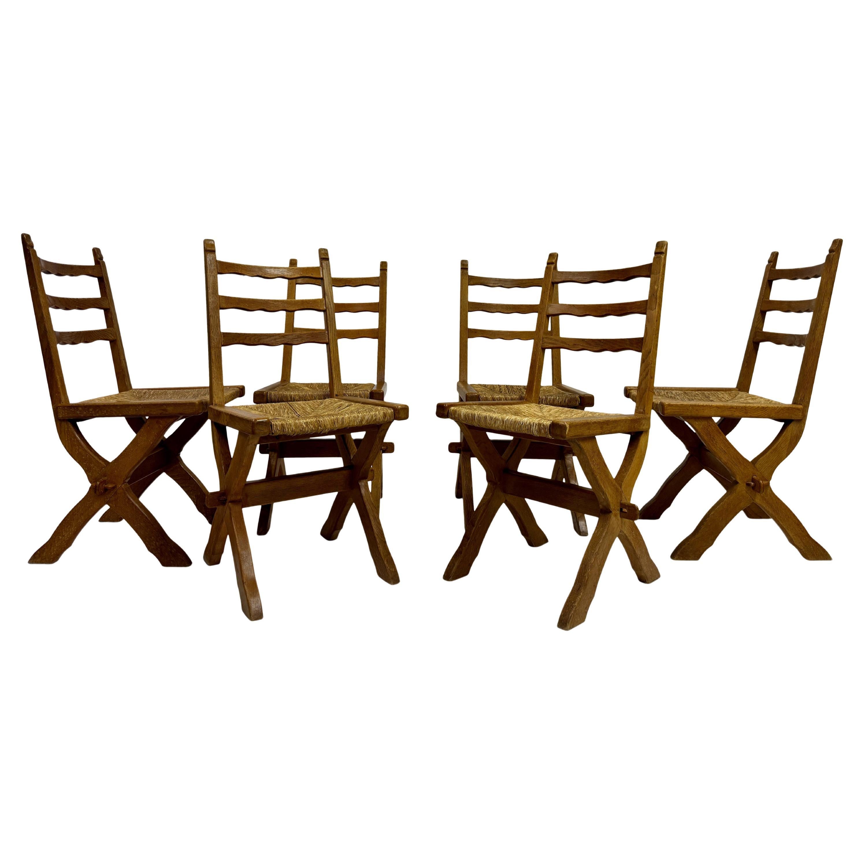 Set of Six Oak and Rush X Legged Dining Chairs For Sale