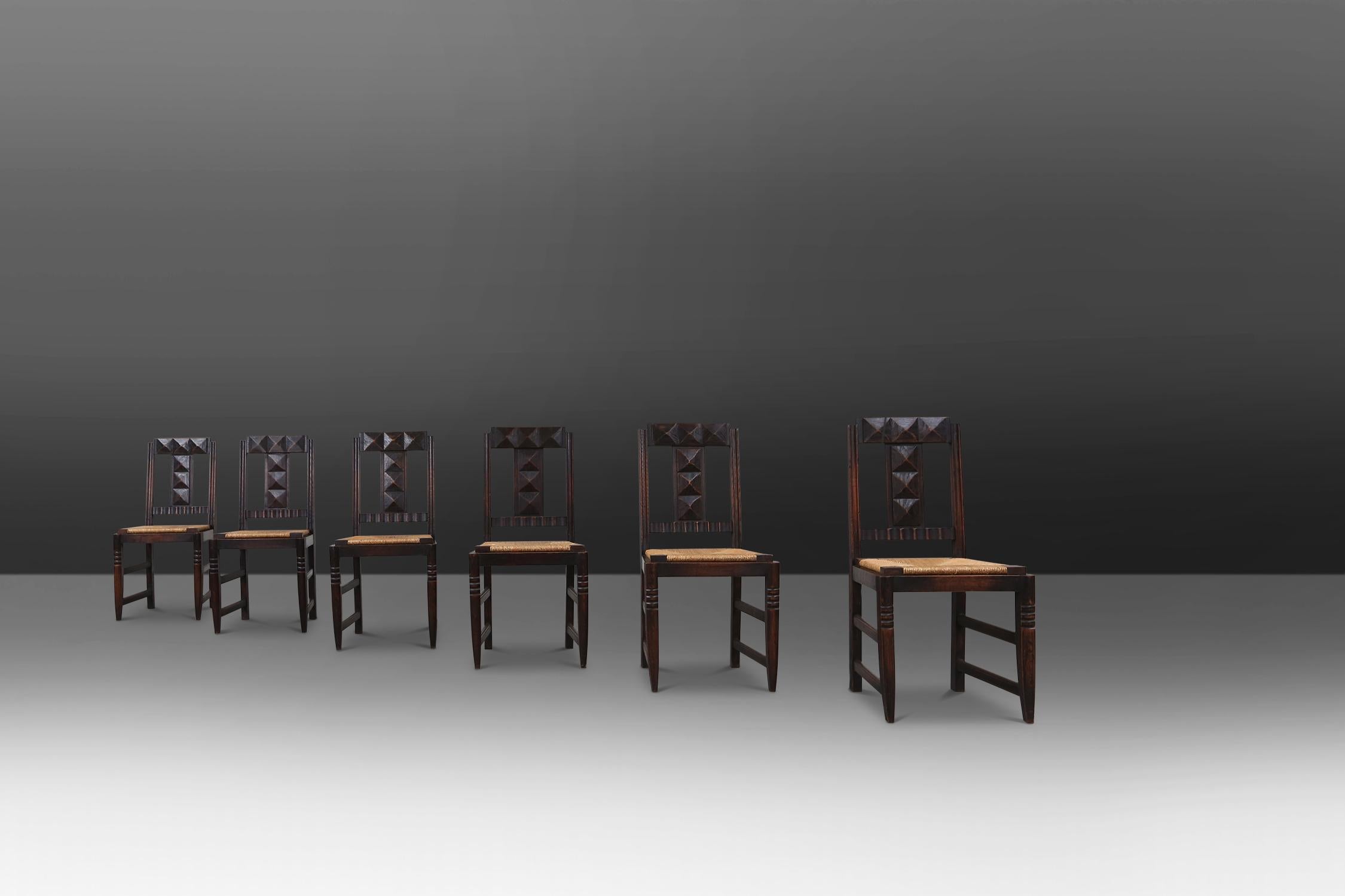 Art Deco Set of Six Oak and Wicker Dining Chairs by Victor Courtray For Sale