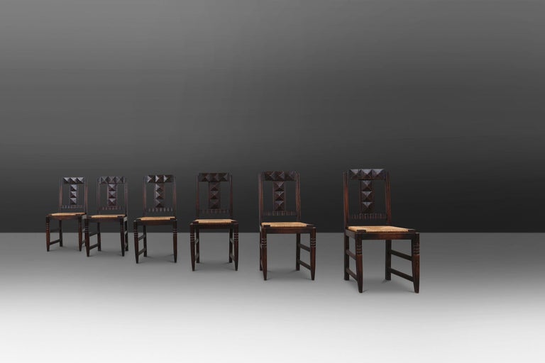 Set of Six Oak and Wicker Dining Chairs by Victor Courtray For Sale at
