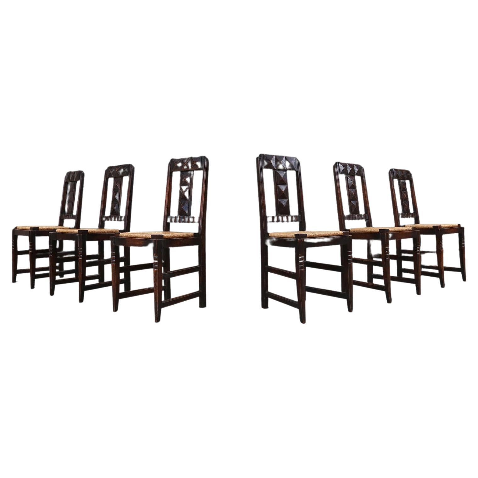 Set of Six Oak and Wicker Dining Chairs by Victor Courtray
