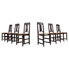 Vintage Set of Six Oak and Wicker Dining Chairs by Victor Courtray