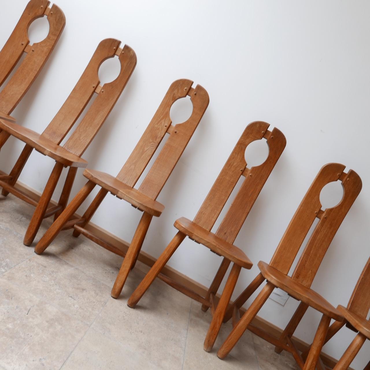 Wood Set of Six Oak Brutalist Belgium Dining Chairs in Manner of De Puydt '6'