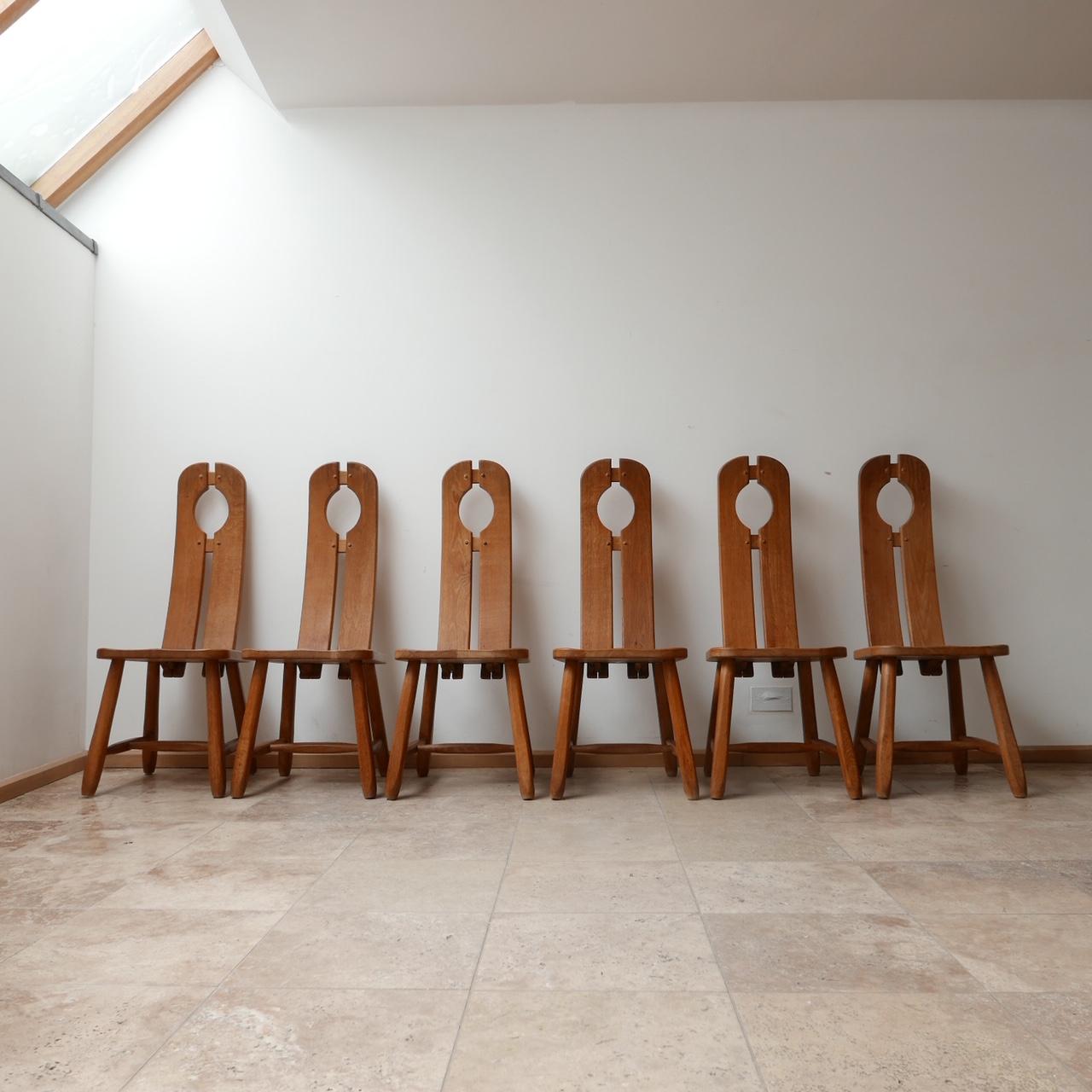 Set of Six Oak Brutalist Belgium Dining Chairs in Manner of De Puydt '6' 1