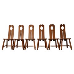 Set of Six Oak Brutalist Belgium Dining Chairs in Manner of De Puydt '6'
