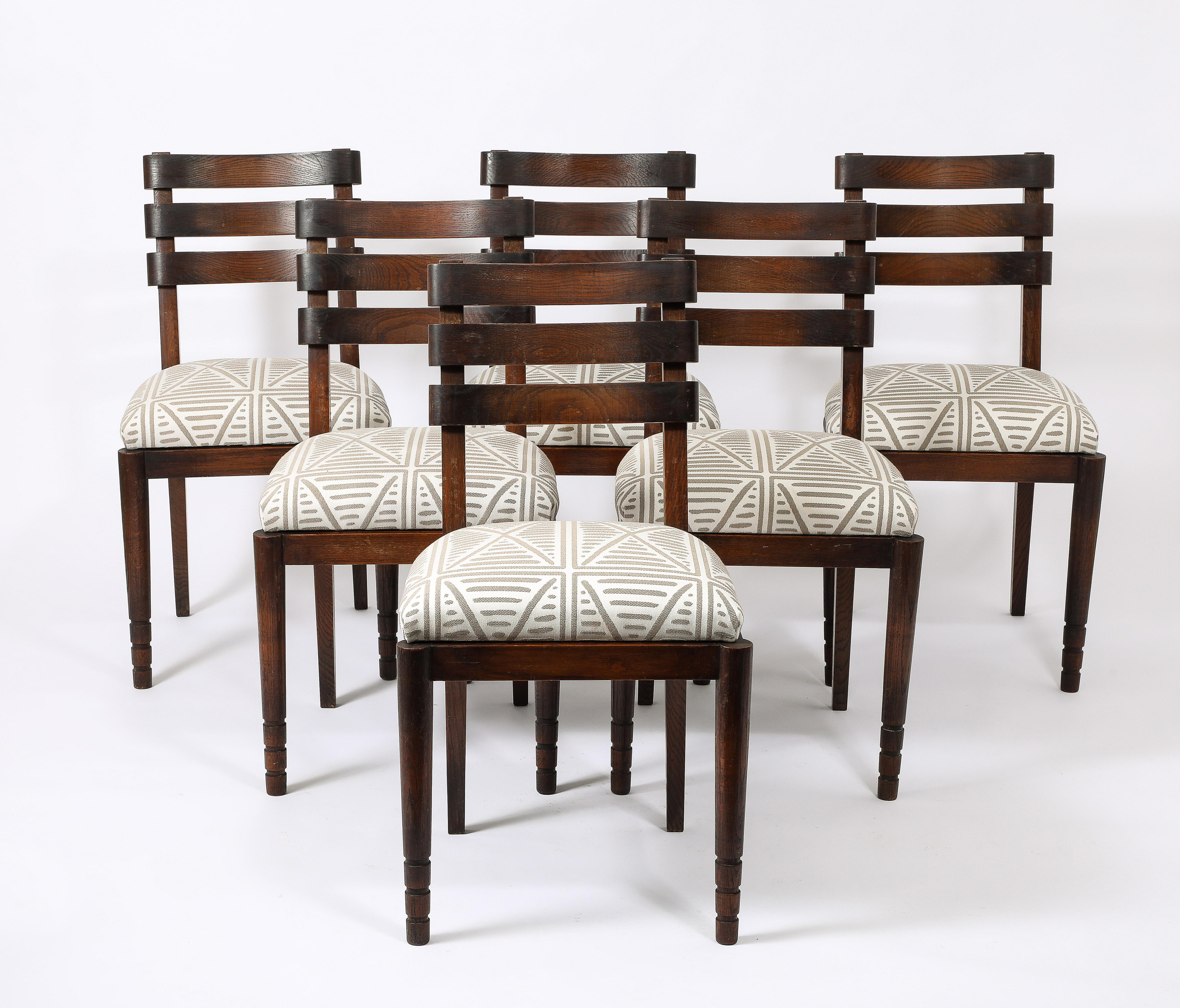 Set of Six Oak Charles Dudouyt Dining Chairs, France 1940's 6