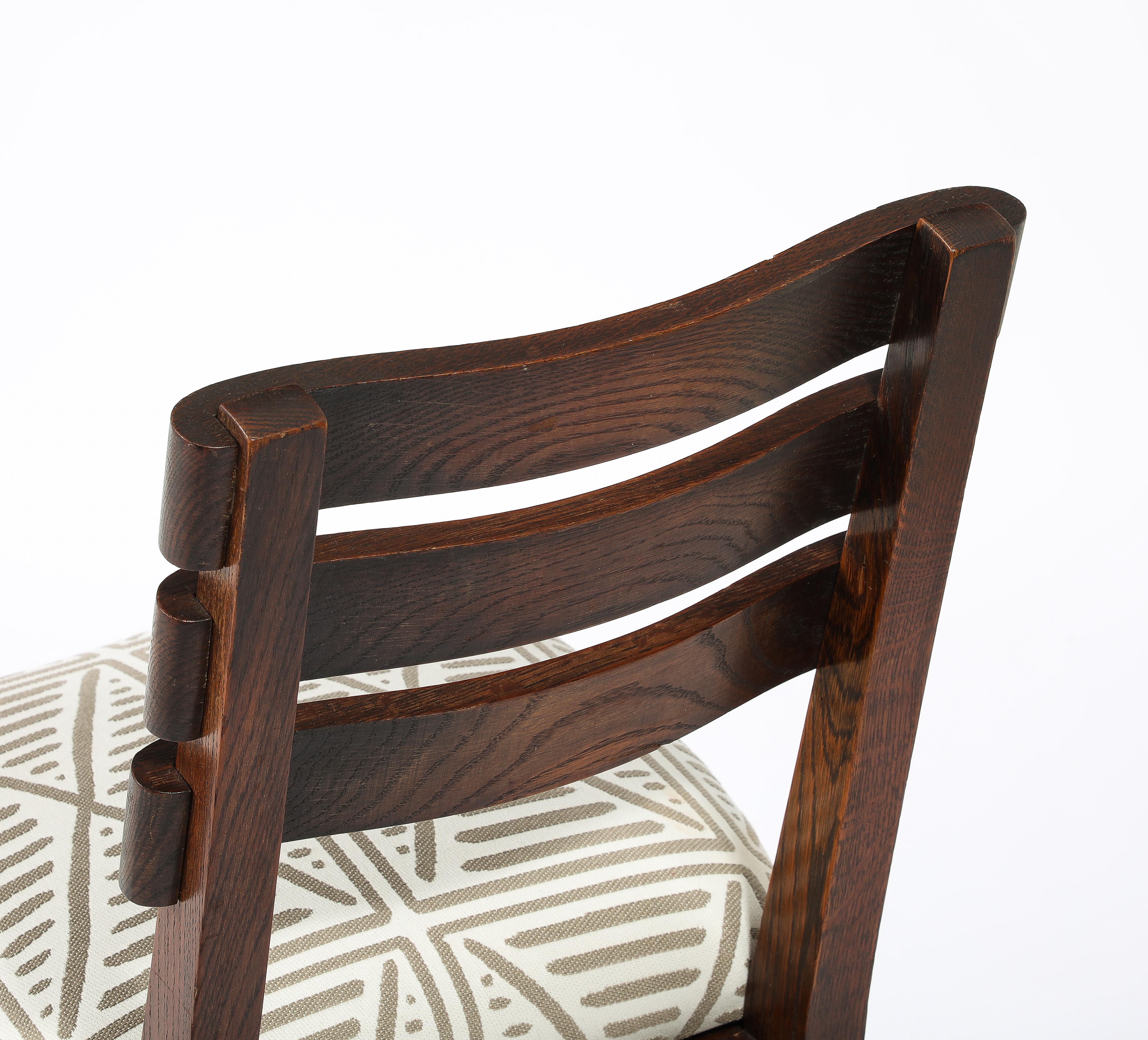 French Set of Six Oak Charles Dudouyt Dining Chairs, France 1940's