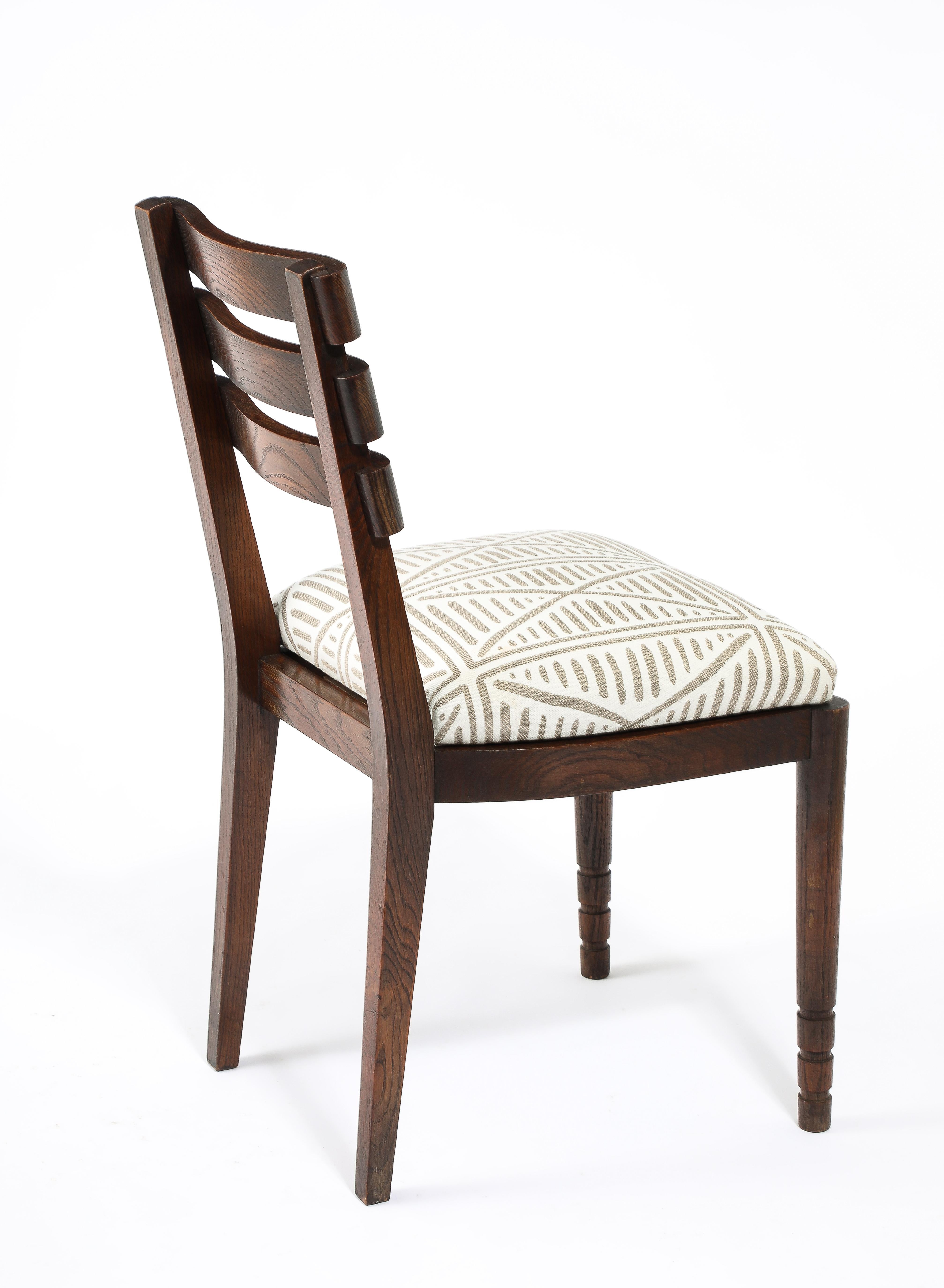 Fabric Set of Six Oak Charles Dudouyt Dining Chairs, France 1940's